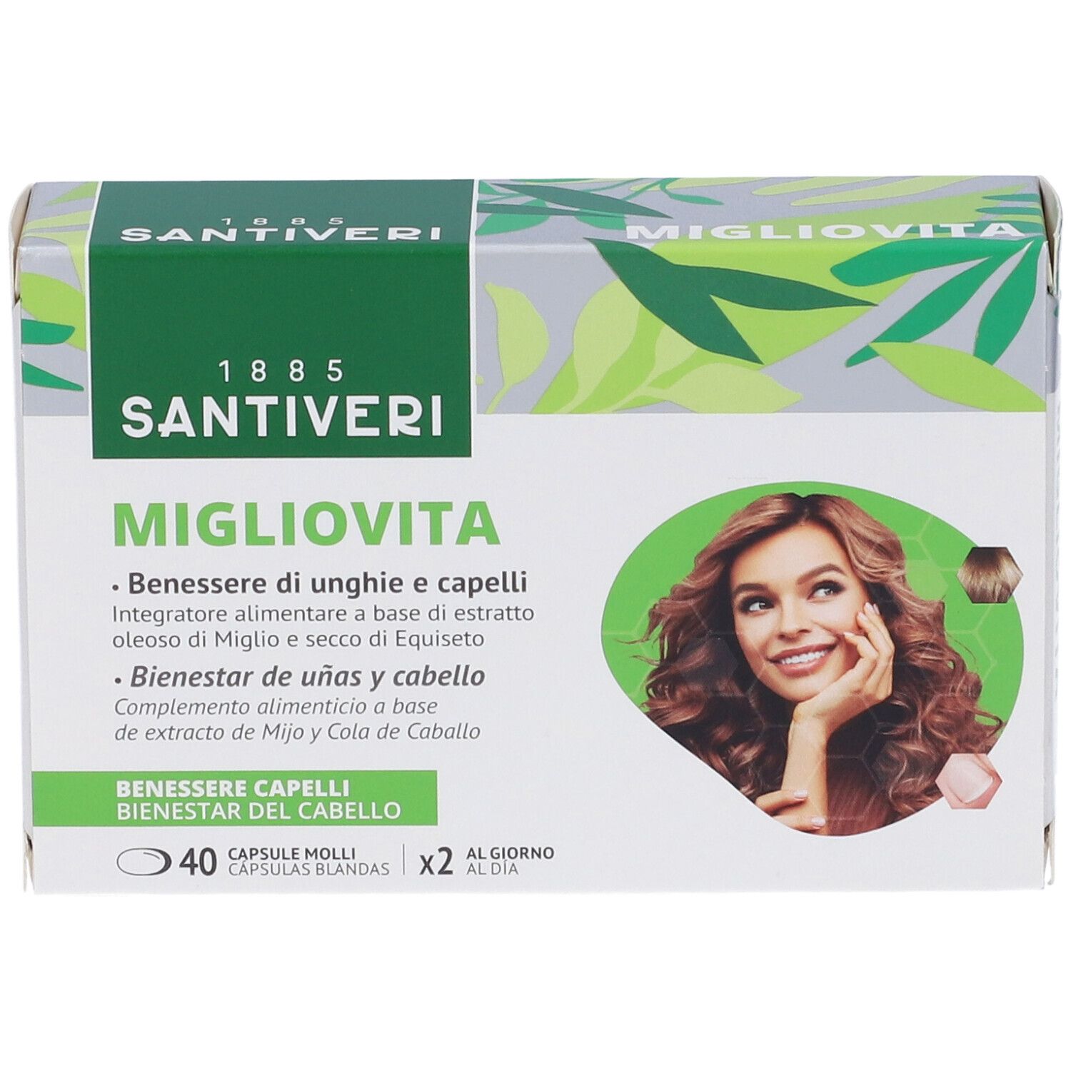 Scatola con loghi "Migliovita" e "Santiveri". Immagine di donna con capelli castani. Testo: 40 capsule, 2 al giorno.