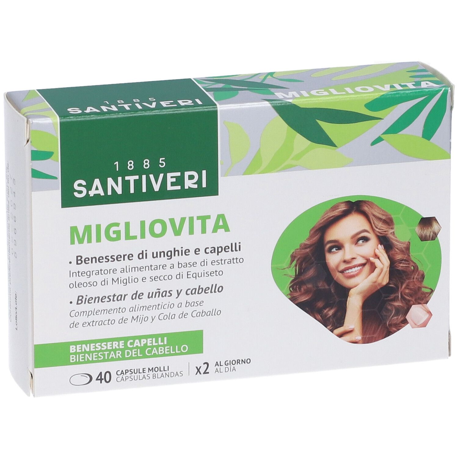 Scatola con loghi "Migliovita" e "Santiveri". Immagine di donna con capelli castani. Testo: 40 capsule, 2 al giorno.