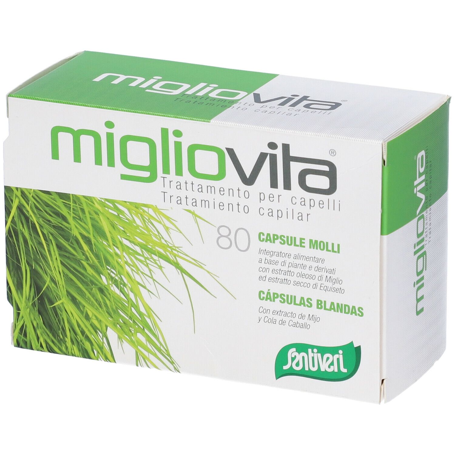 Scatola 'migliovita'. Confezione verde e bianca con 80 capsule. Testo in italiano e spagnolo.