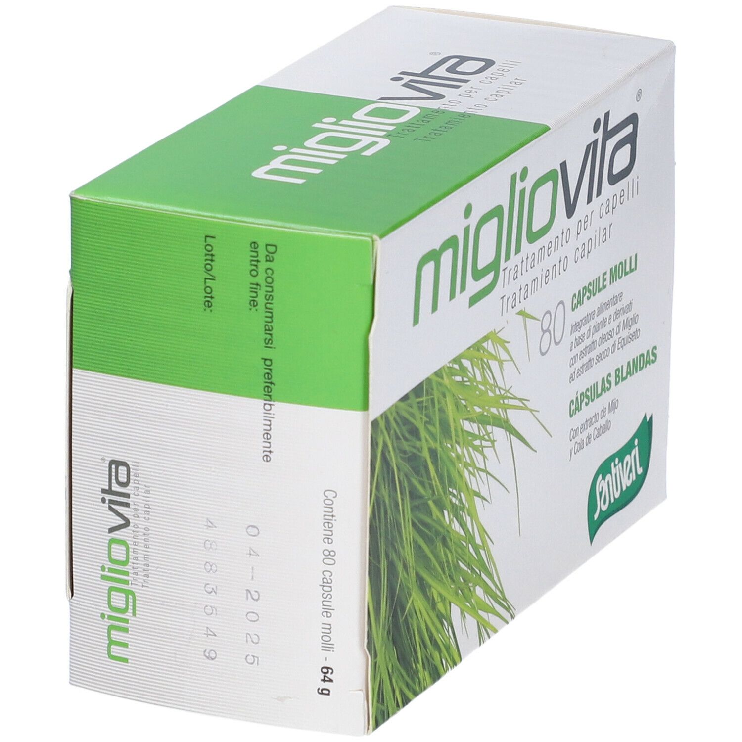 Scatola 'migliovita' in prospettiva. Confezione verde e bianca con testo e 80 capsule. Logo 'Santiveri'.