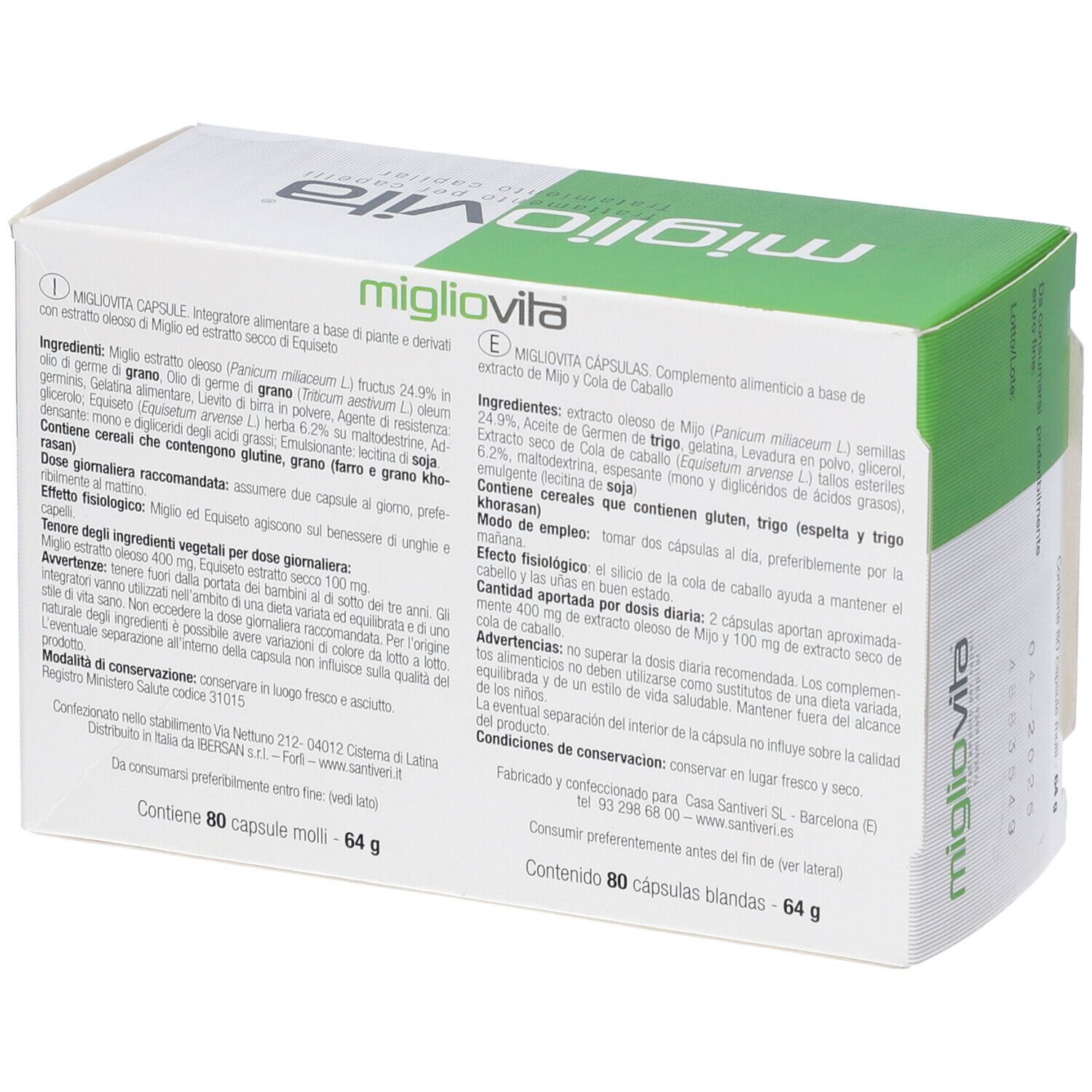 Scatola 'migliovita' aperta. Testo in italiano e spagnolo. Contiene 80 capsule. Logo 'Santiveri'.