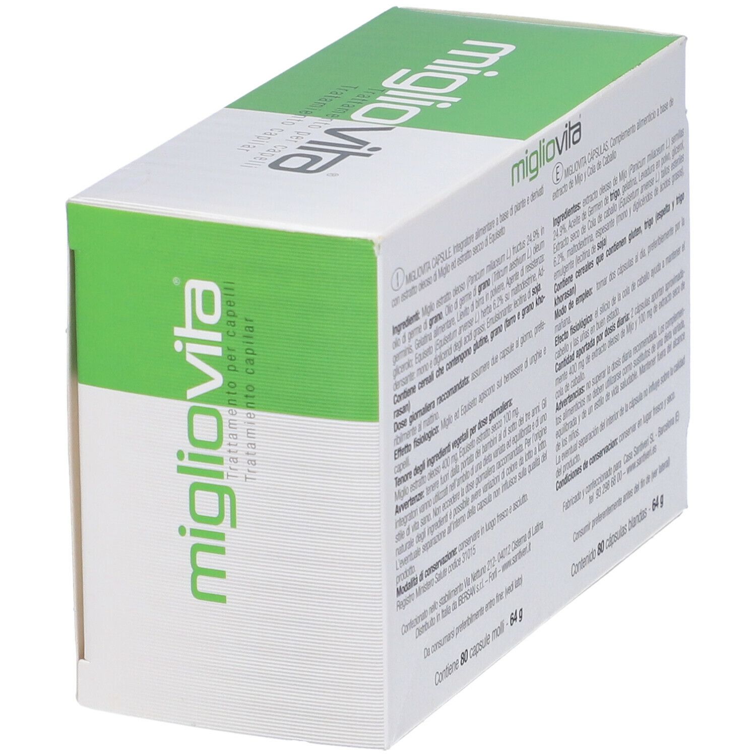 Scatola 'migliovita' in prospettiva. Confezione verde e bianca con testo e 80 capsule. Logo 'Santiveri'.