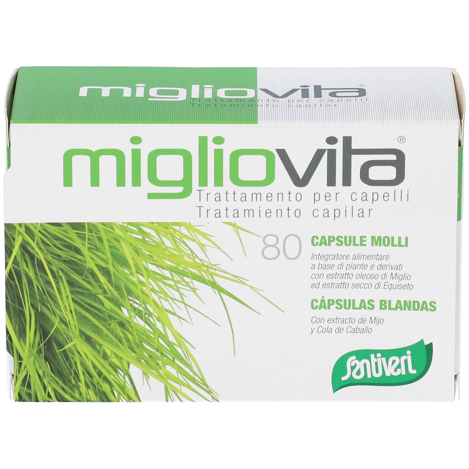 Scatola 'migliovita'. Confezione verde e bianca con 80 capsule. Testo in italiano e spagnolo. 'Santiveri'.
