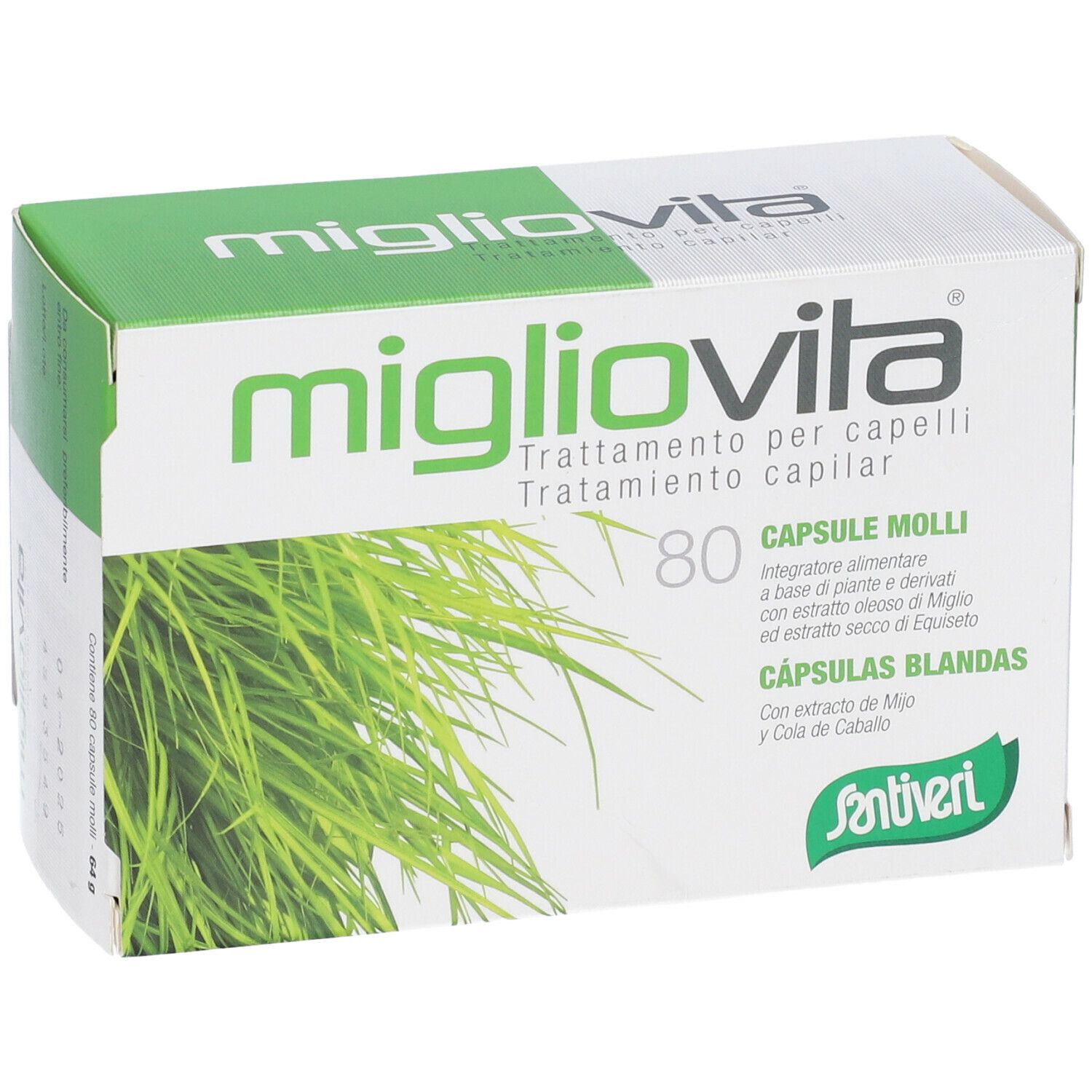 Scatola 'migliovita'. Confezione verde e bianca con 80 capsule. Testo in italiano e spagnolo. 'Santiveri'.