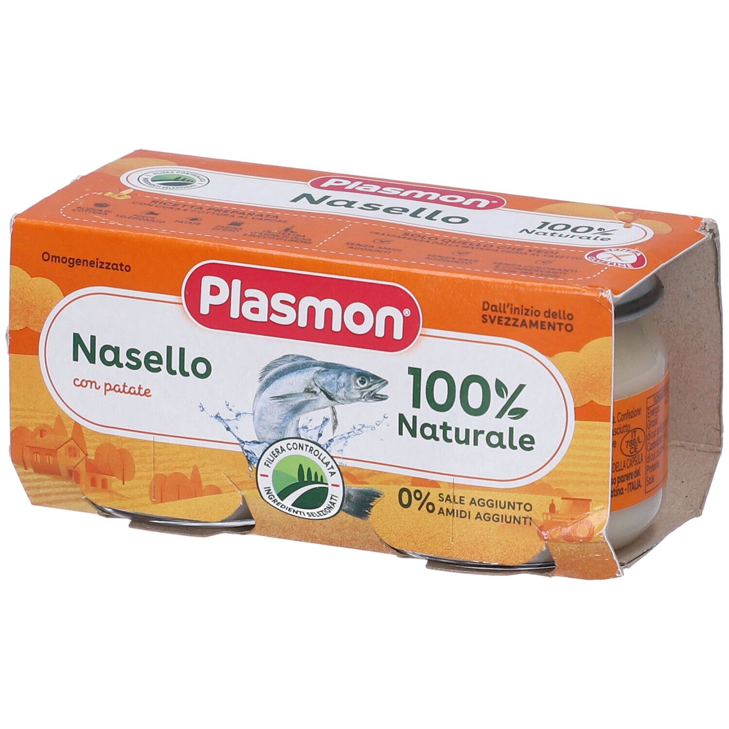 Plasmon Nasello con patate. Confezione da 2 vasetti in cartone. 100% naturale. Senza sale e amidi.
