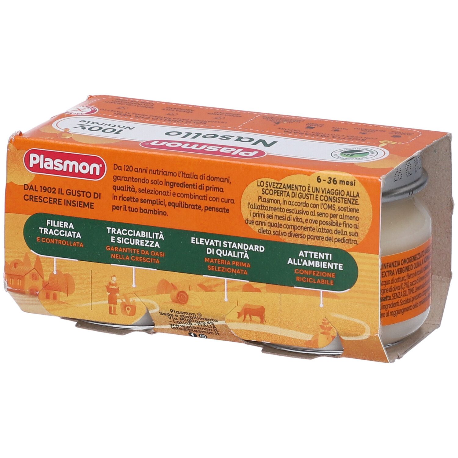 Plasmon Nasello con patate. Retro della confezione in cartone. 100% naturale. Senza sale e amidi.