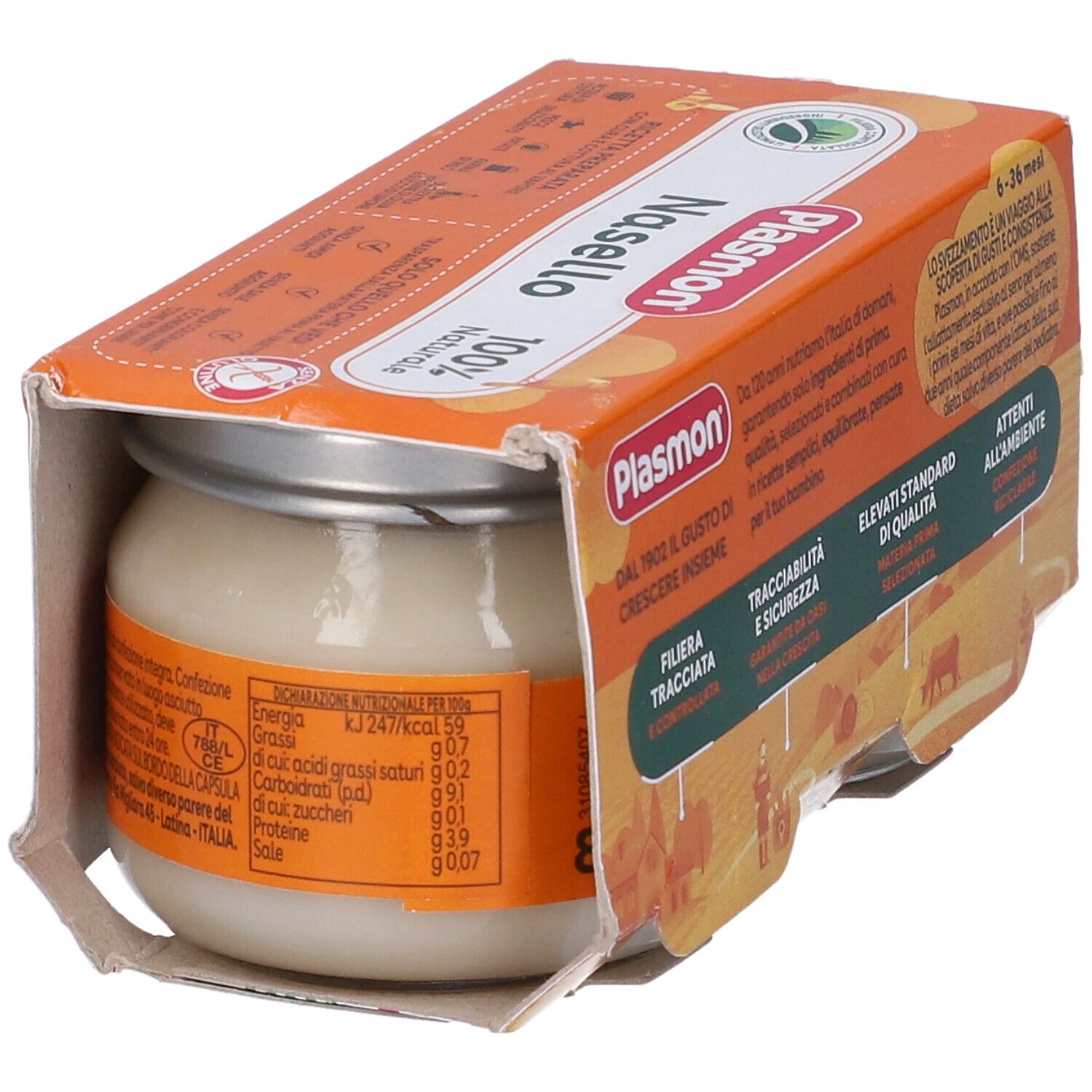 Plasmon Nasello con patate. Cartone con informazioni nutrizionali. 100% naturale. Senza sale e amidi.