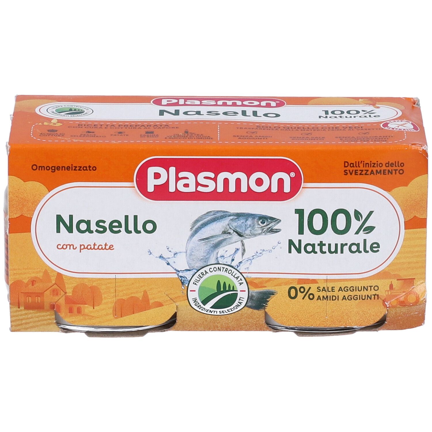 Plasmon Nasello con patate. Confezione da 2 vasetti in cartone. 100% naturale. Senza sale e amidi.