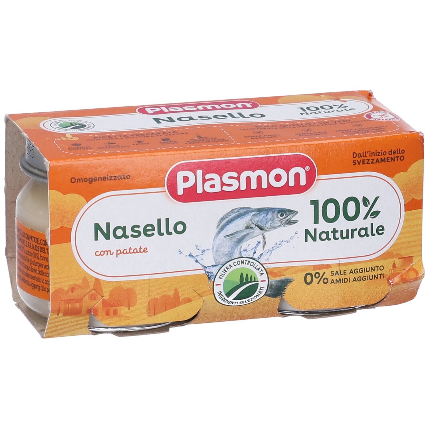 Plasmon Nasello con patate. Vasetto in vetro in cartone. 100% naturale. Senza sale e amidi.