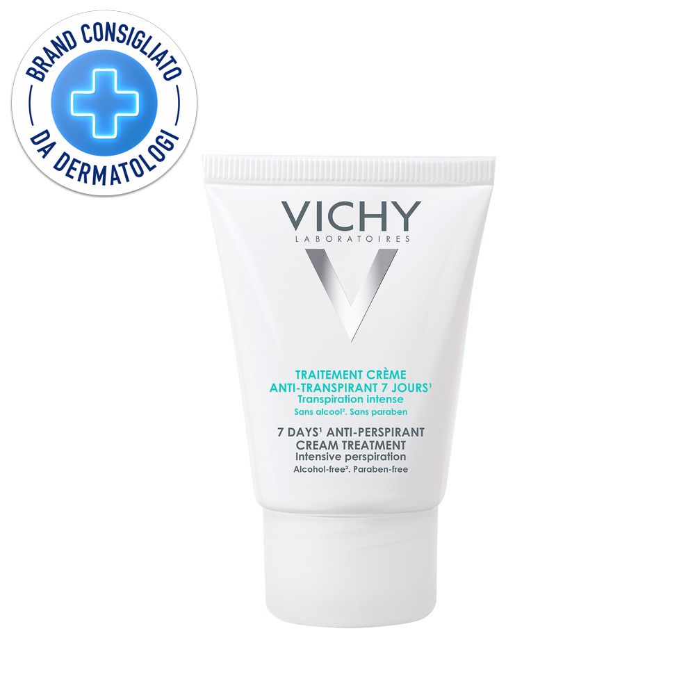 Tubo bianco con logo Vichy e testo. Scritta: Crema anti-traspirante 7 giorni. Con sigillo 'Brand Consigliato da Dermatologi'.