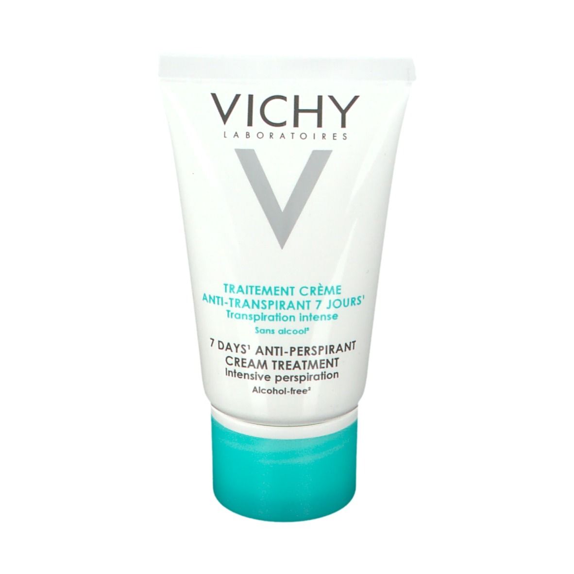 Tubo bianco con tappo blu. Logo Vichy e testo: Crema anti-traspirante 7 giorni. Senza alcool. Traspirazione intensa.