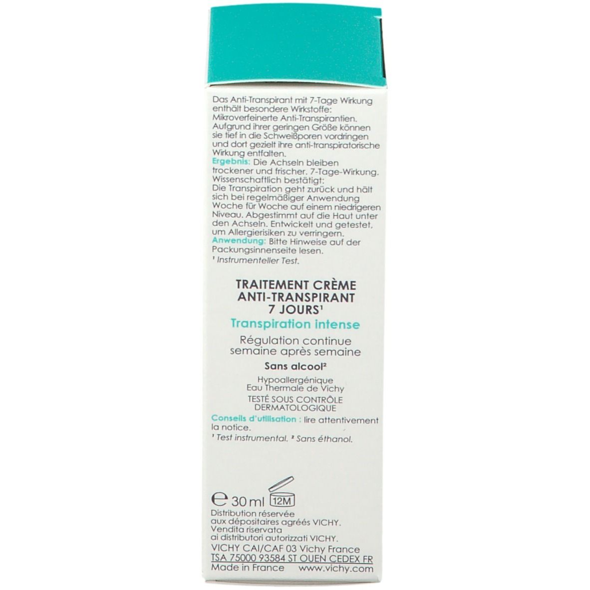 Retro della scatola. Testo multilingue: Crema anti-traspirante 7 giorni. Ingredienti, informazioni produttore e informazioni sui test.