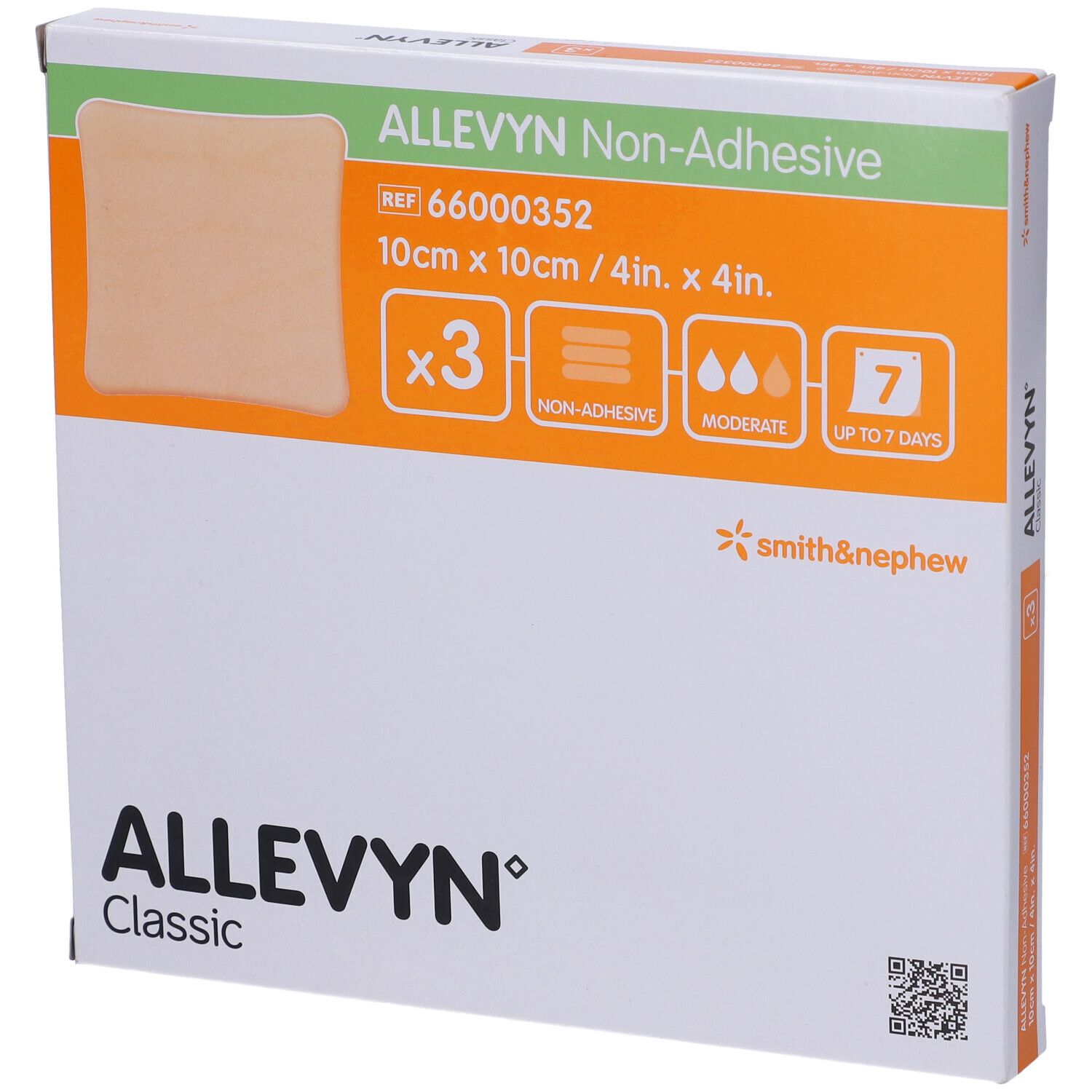 Confezione ALLEVYN Classic, medicazioni non adesive 10x10cm. 3 pezzi. Prodotto da Smith & Nephew.