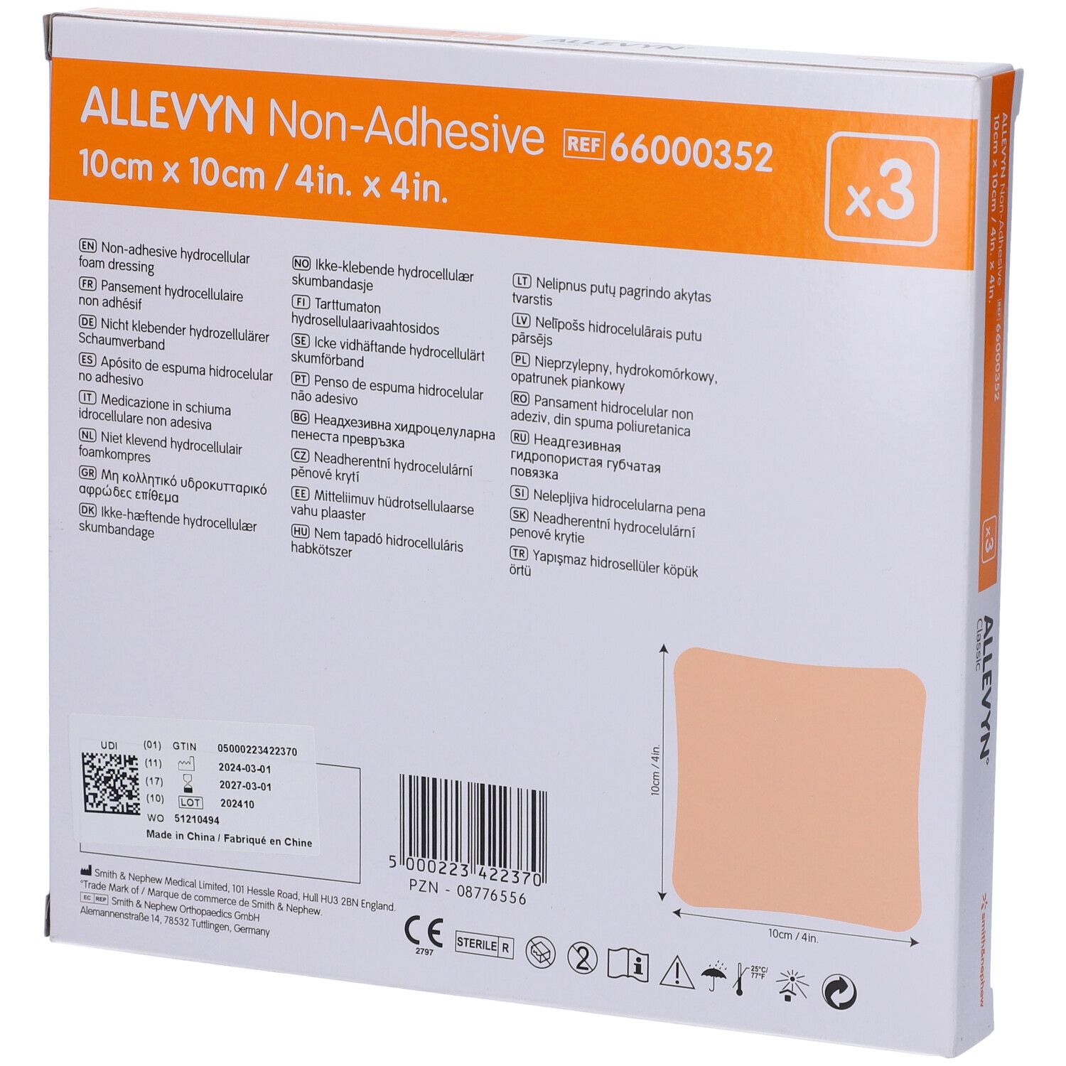 Retro confezione ALLEVYN Classic. Informazioni multilingue. 10x10cm. Smith & Nephew.