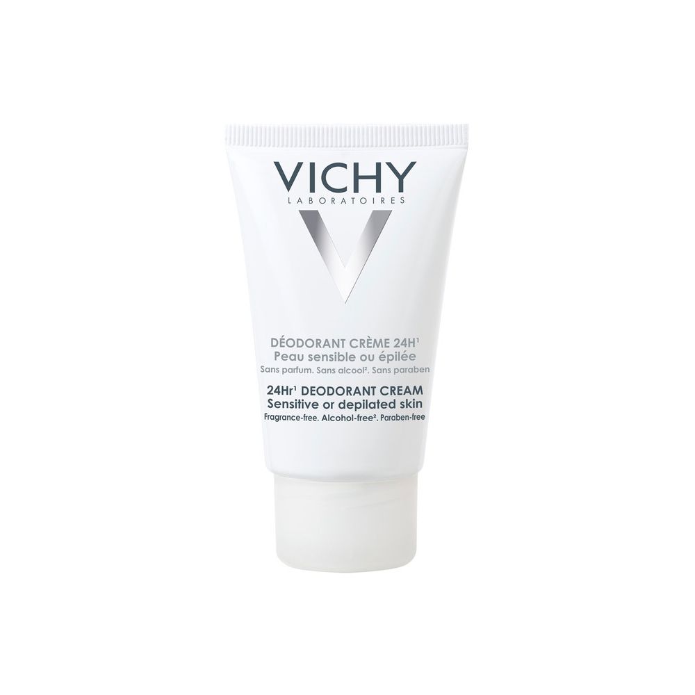 Weiße Tube mit VICHY-Logo und Produktbezeichnung. Deodorant Creme für empfindliche Haut, 24h Schutz, ohne Parfum, ohne Alkohol.