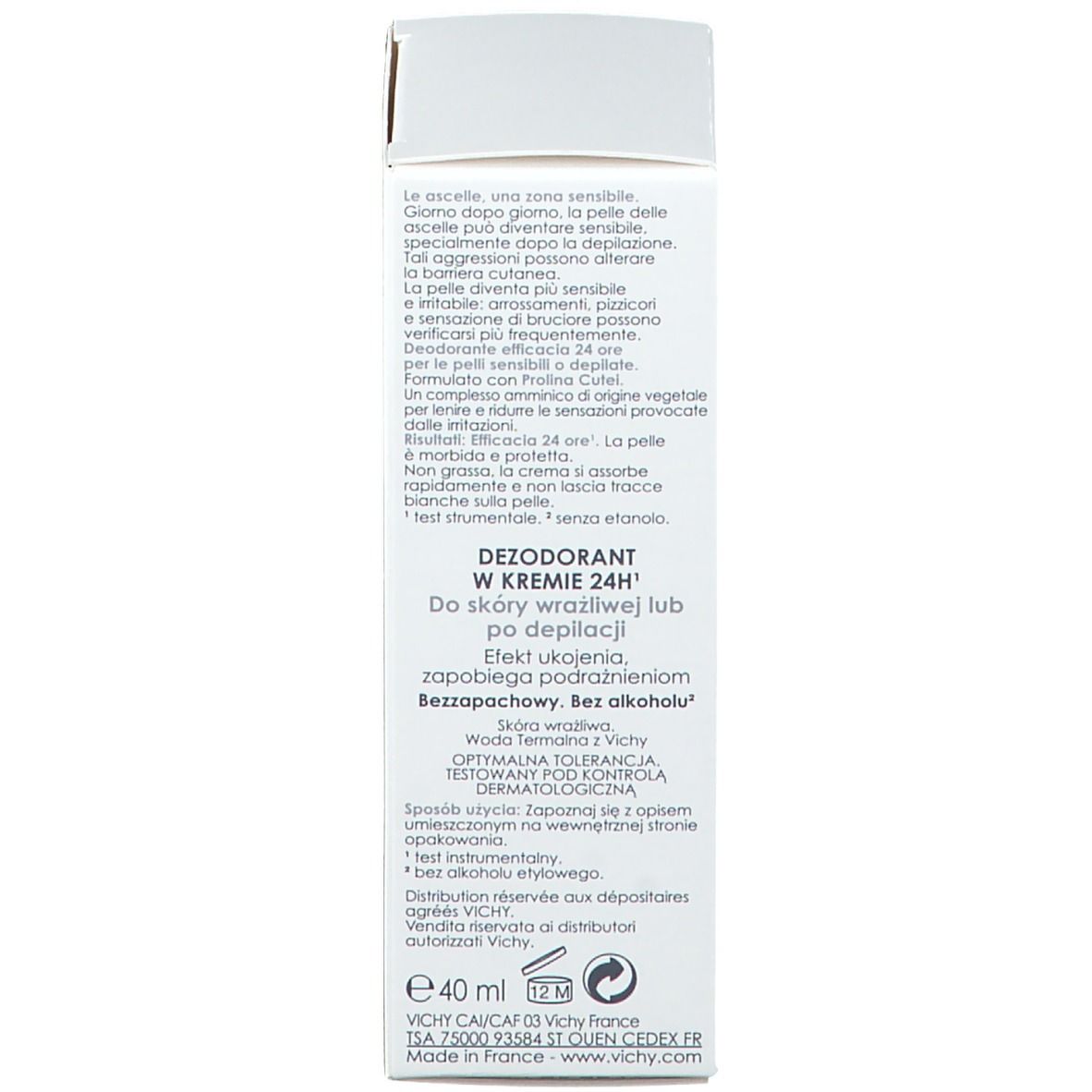 Rückseite der Schachtel. Mehrsprachige Produktinformationen: Deodorant Creme 24H, Inhaltsstoffe, Herstellerinformationen, Volumen 40 ml.