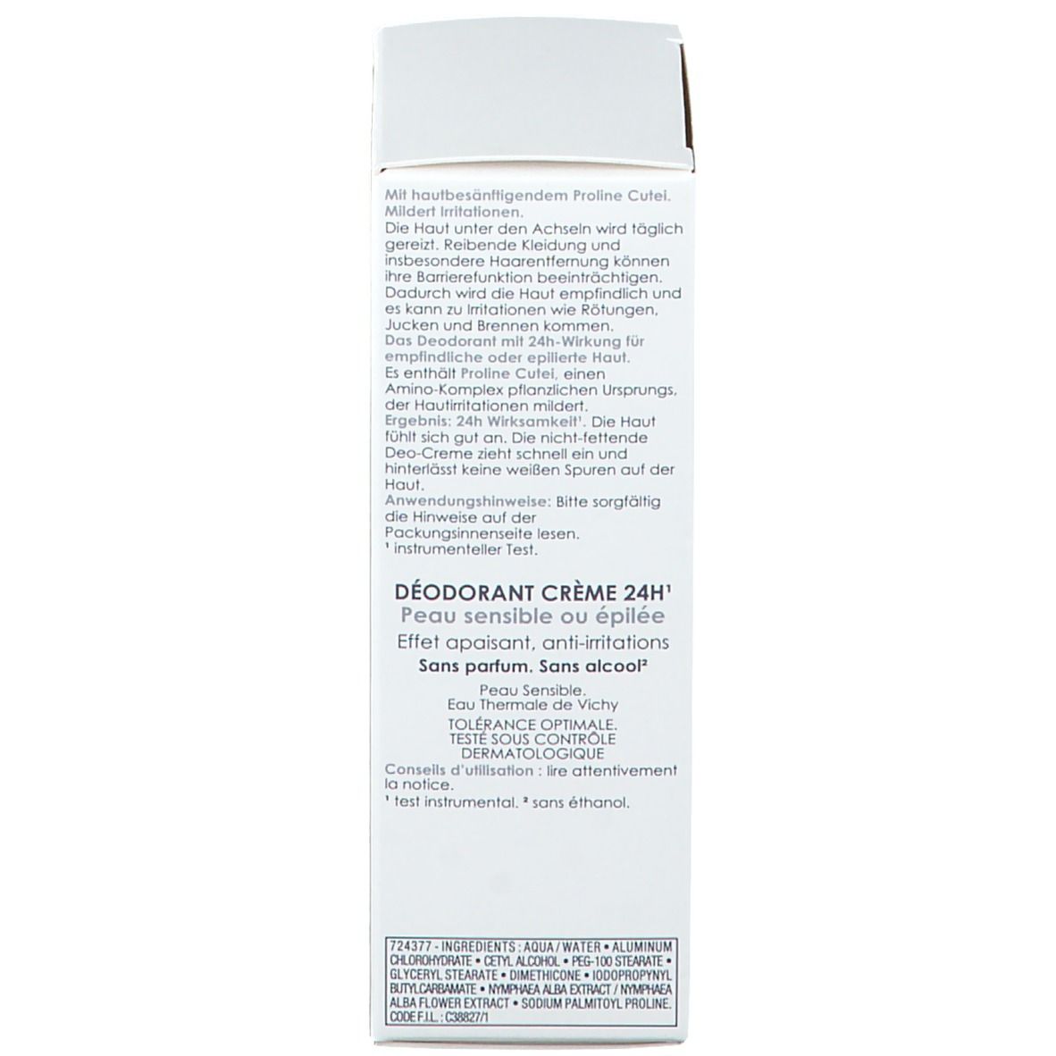Rückseite der Schachtel. Produktinformationen: Deodorant Creme 24H, Inhaltsstoffe, Anwendungshinweise, Herstellerinformationen.
