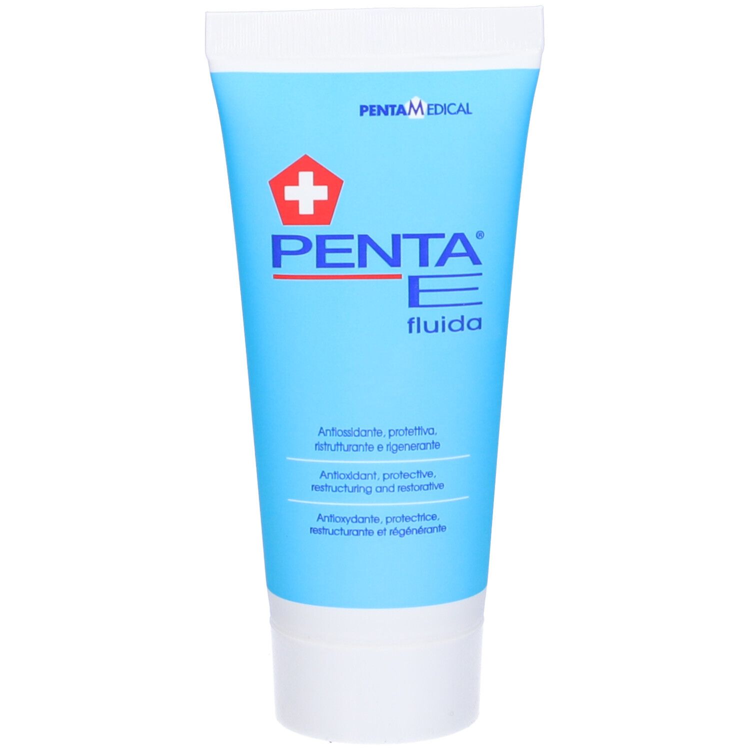 Tubo azzurro con tappo bianco. Scritta: Penta E Fluida. Contiene antiossidanti. Con croce rossa.