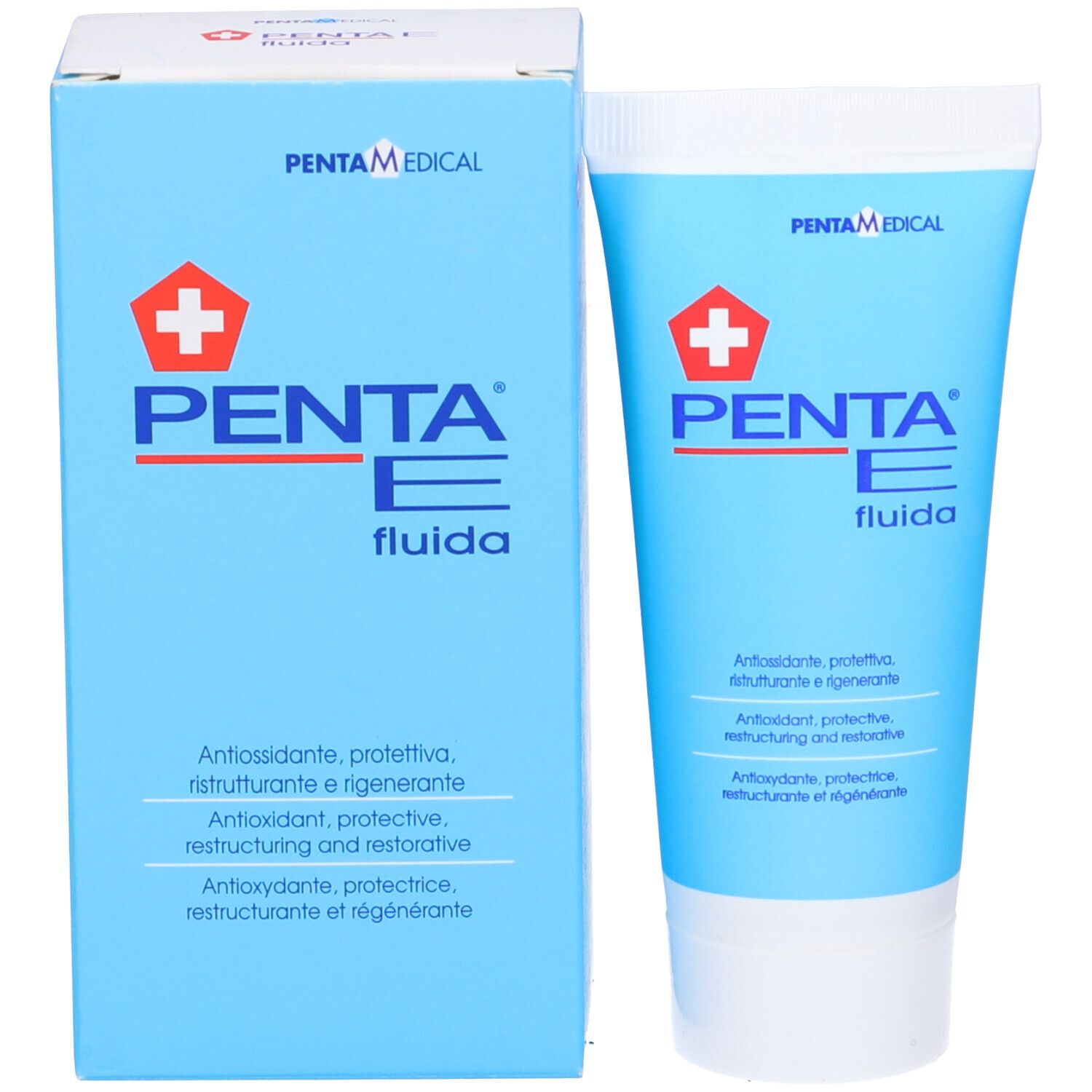 Confezione e tubo. Scritta: Penta E Fluida. Contiene antiossidanti. Con croce rossa.