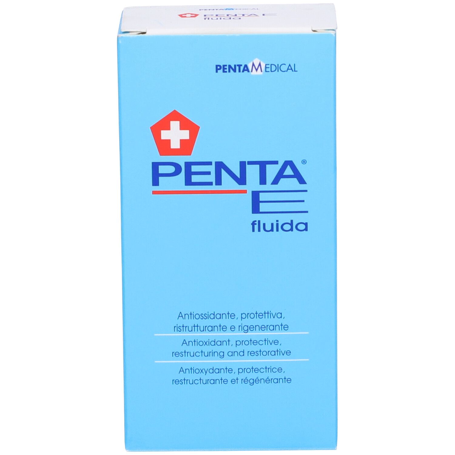 Confezione blu. Scritta: Penta E Fluida. Contiene antiossidanti. Con croce rossa.