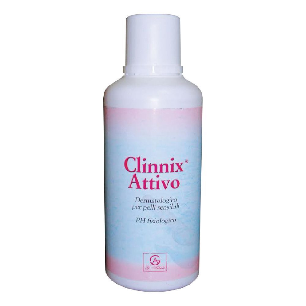 Flacone bianco Clinnix Attivo. Testo: Dermatologico per pelli sensibili, pH fisiologico.