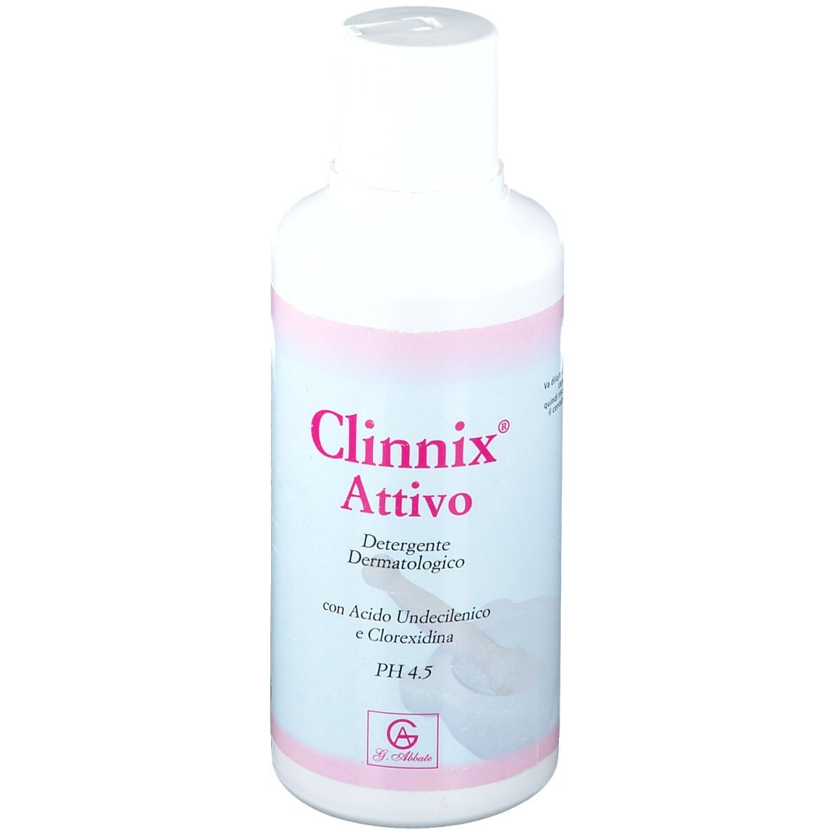Flacone bianco Clinnix Attivo. Testo: Detergente Dermatologico, con Acido Undecilenico e Clorexidina, pH 4,5.