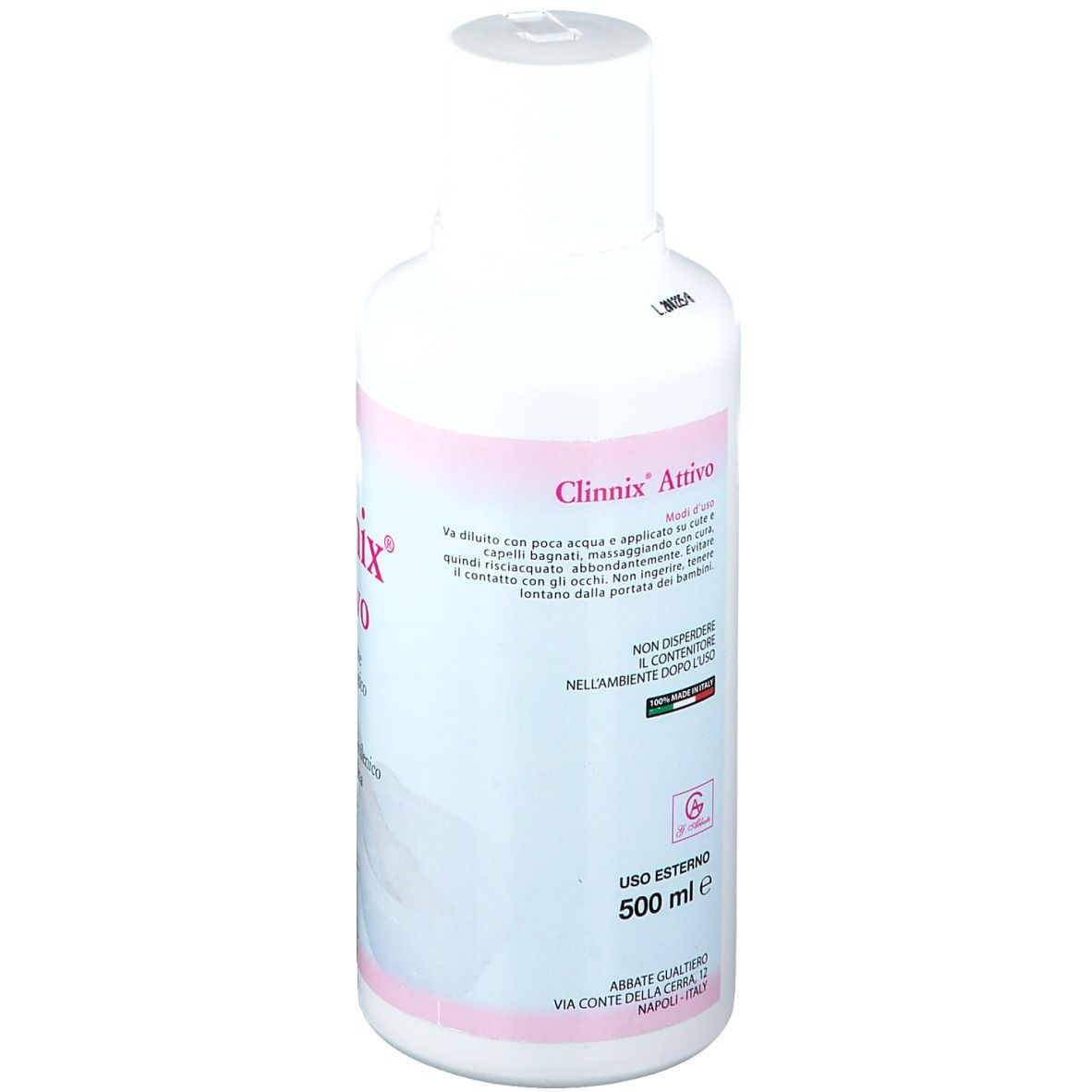 Flacone bianco Clinnix Attivo. Testo: Uso Esterno, 500 ml. Scritta: Via Conte della Cerra, Napoli, Italy.