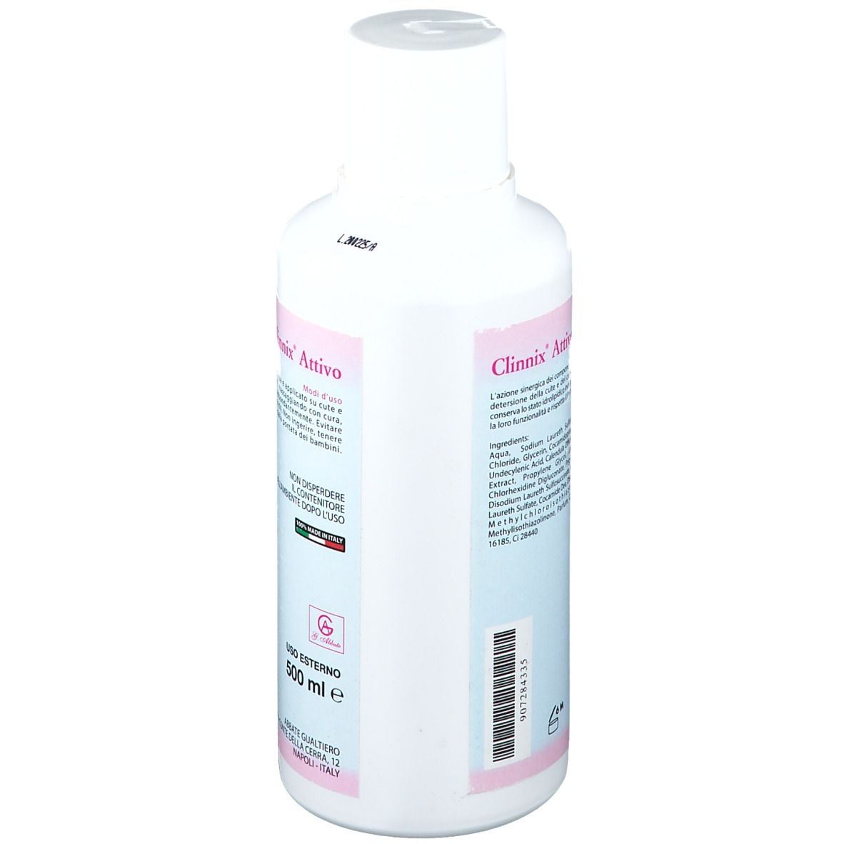 Flacone bianco Clinnix Attivo. Testo: Uso Esterno, 500 ml. Scritta: Via Conte della Cerra, Napoli, Italy.