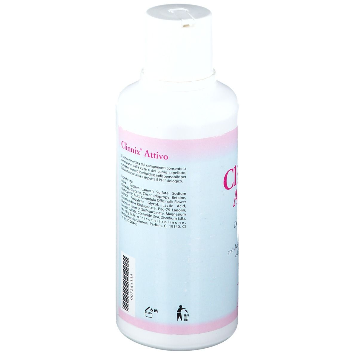 Flacone bianco Clinnix Attivo. Testo: Ingredienti, Uso Esterno, 500 ml. Scritta: Via Conte della Cerra, Napoli, Italy.