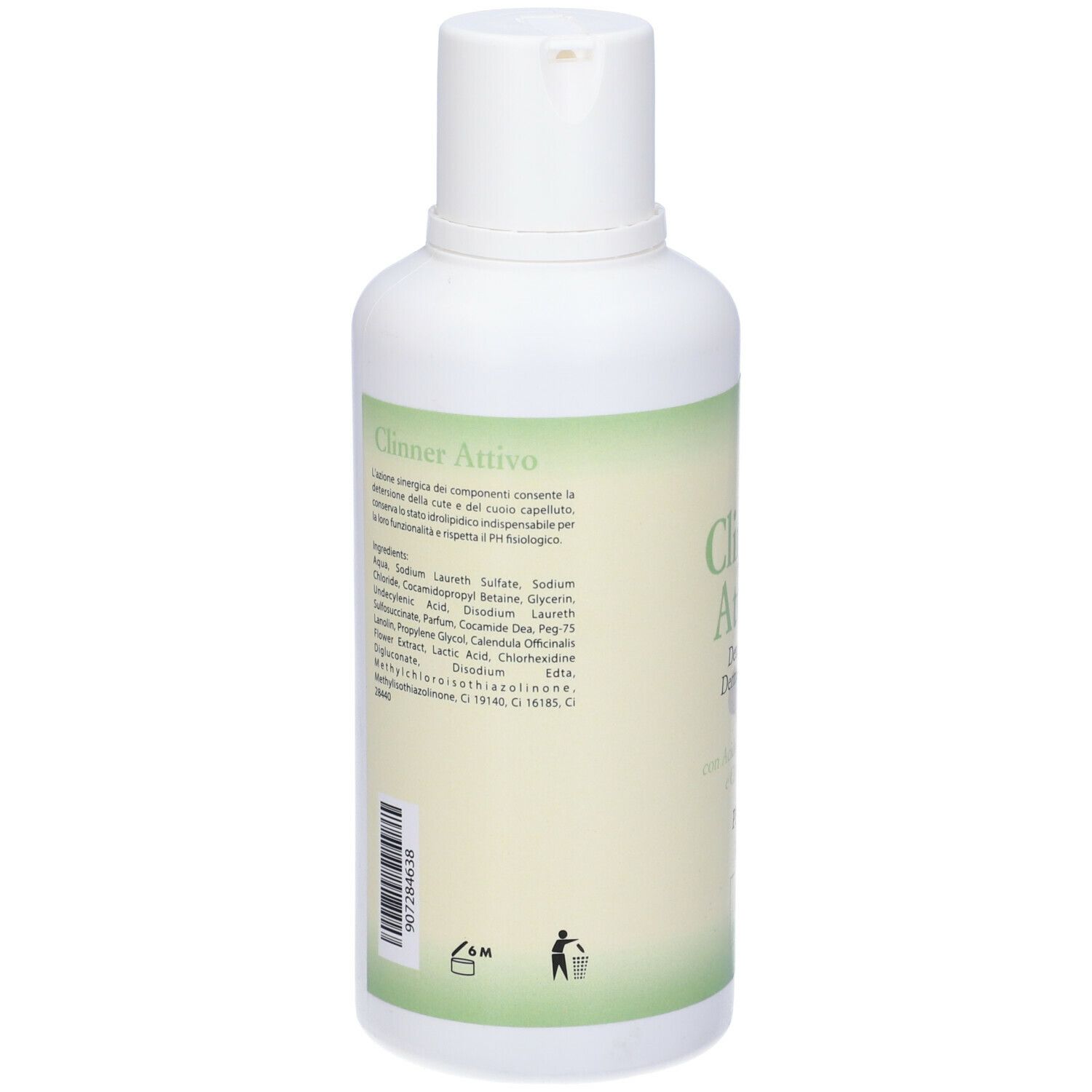 Retro di un flacone bianco con etichetta verde. Testo: ingredienti, simbolo riciclo, codice a barre.