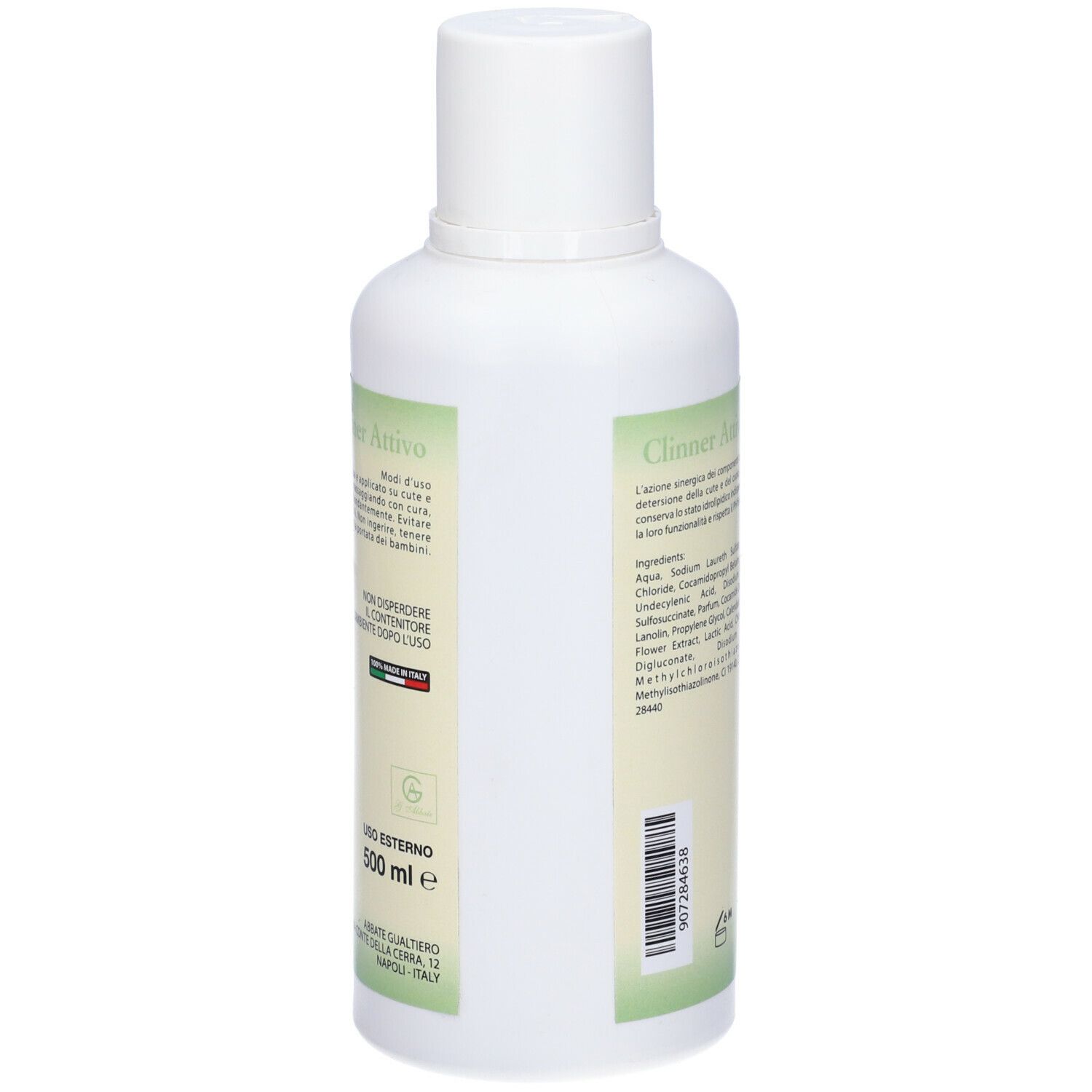 Retro di un flacone bianco con etichetta verde. Testo: ingredienti, volume 500 ml, prodotto in Italia.