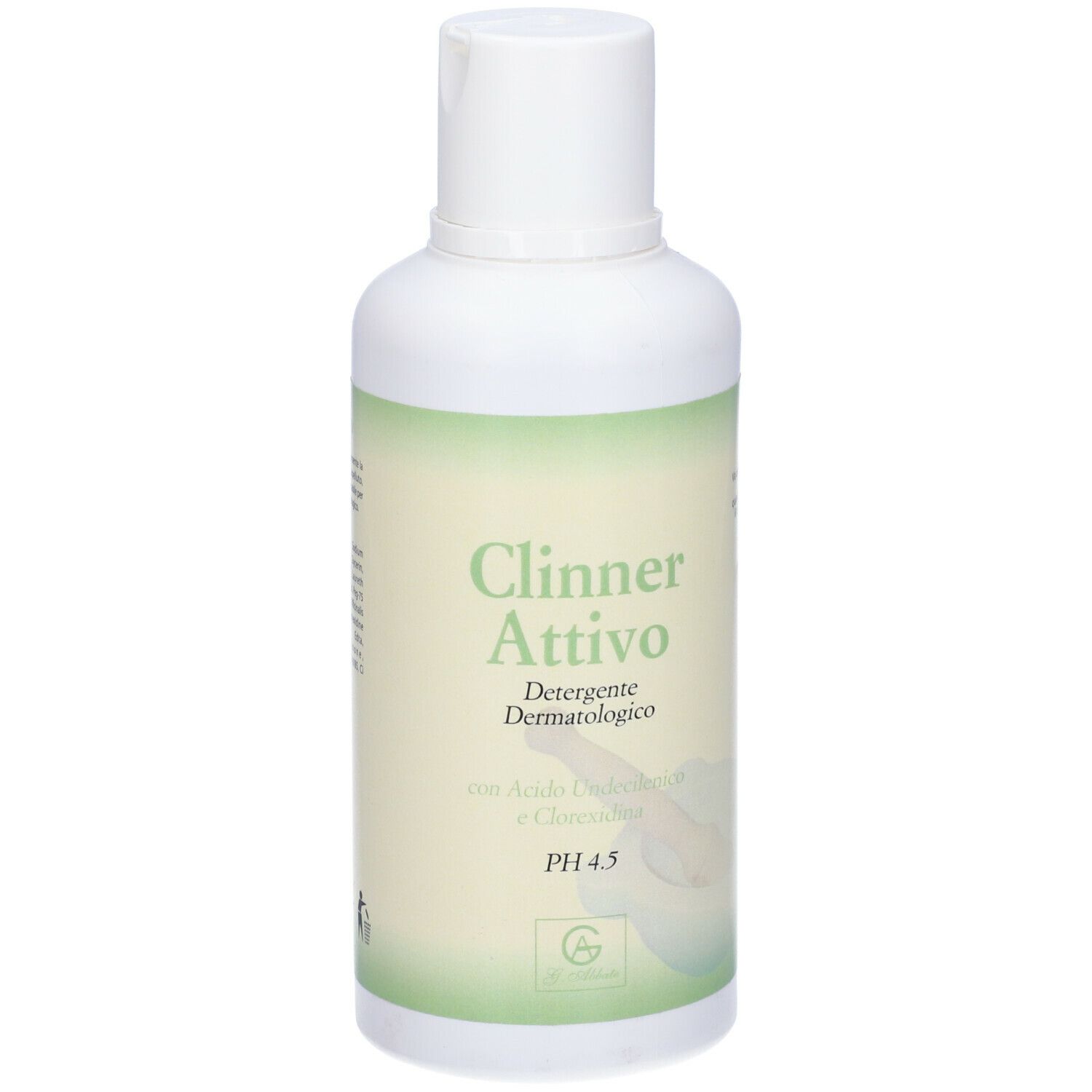 Flacone bianco con etichetta verde. Scritta: Clinner Attivo, Detergente Dermatologico, pH 4.5.