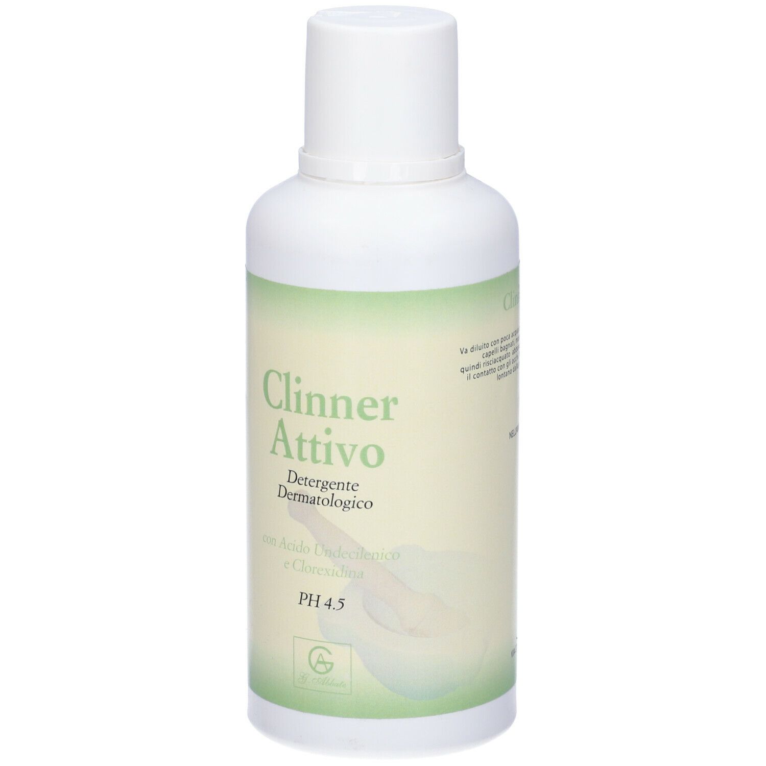 Flacone bianco con etichetta verde. Scritta: Clinner Attivo, Detergente Dermatologico, pH 4.5.