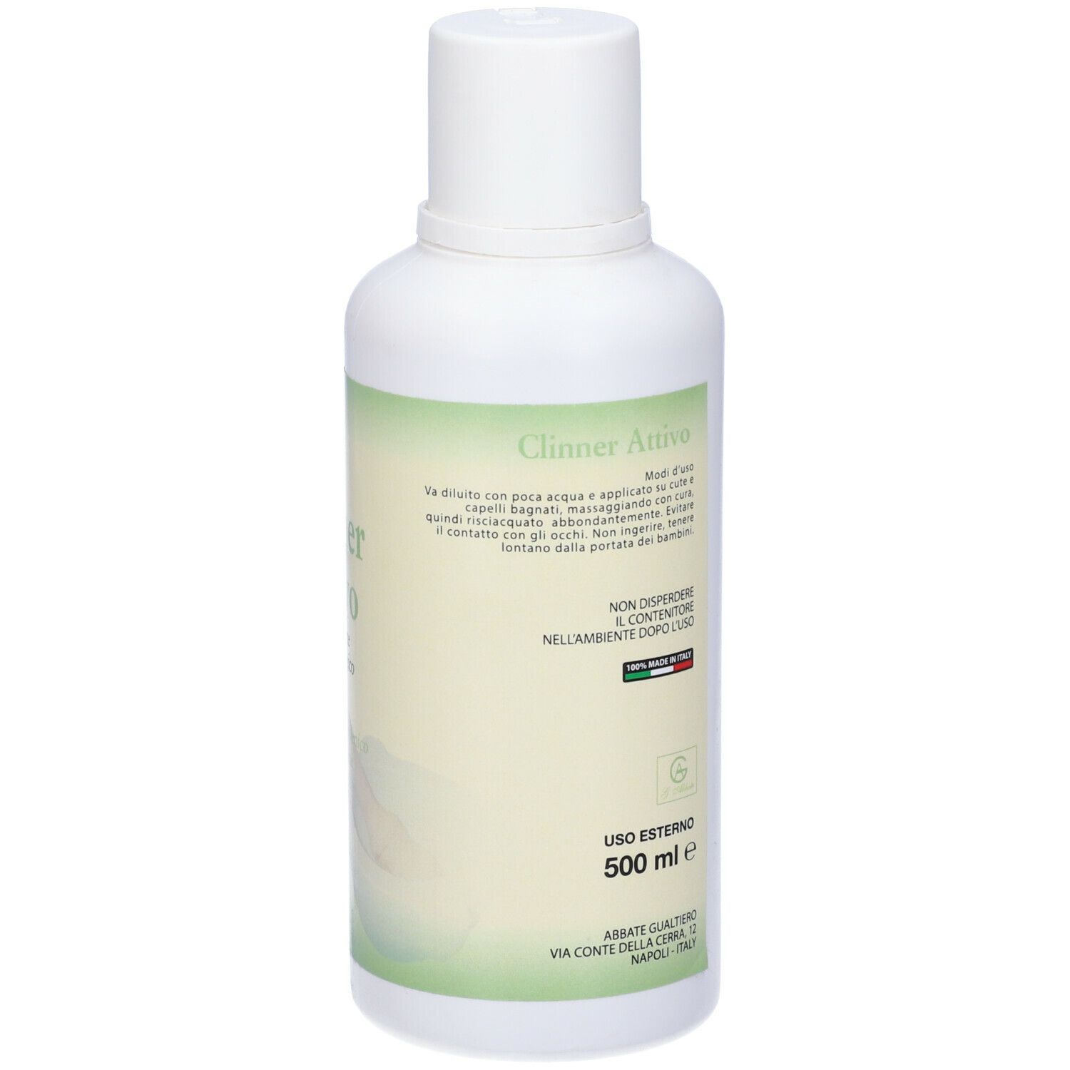 Flacone bianco con etichetta verde. Testo: istruzioni per l'uso, volume 500 ml, prodotto in Italia.