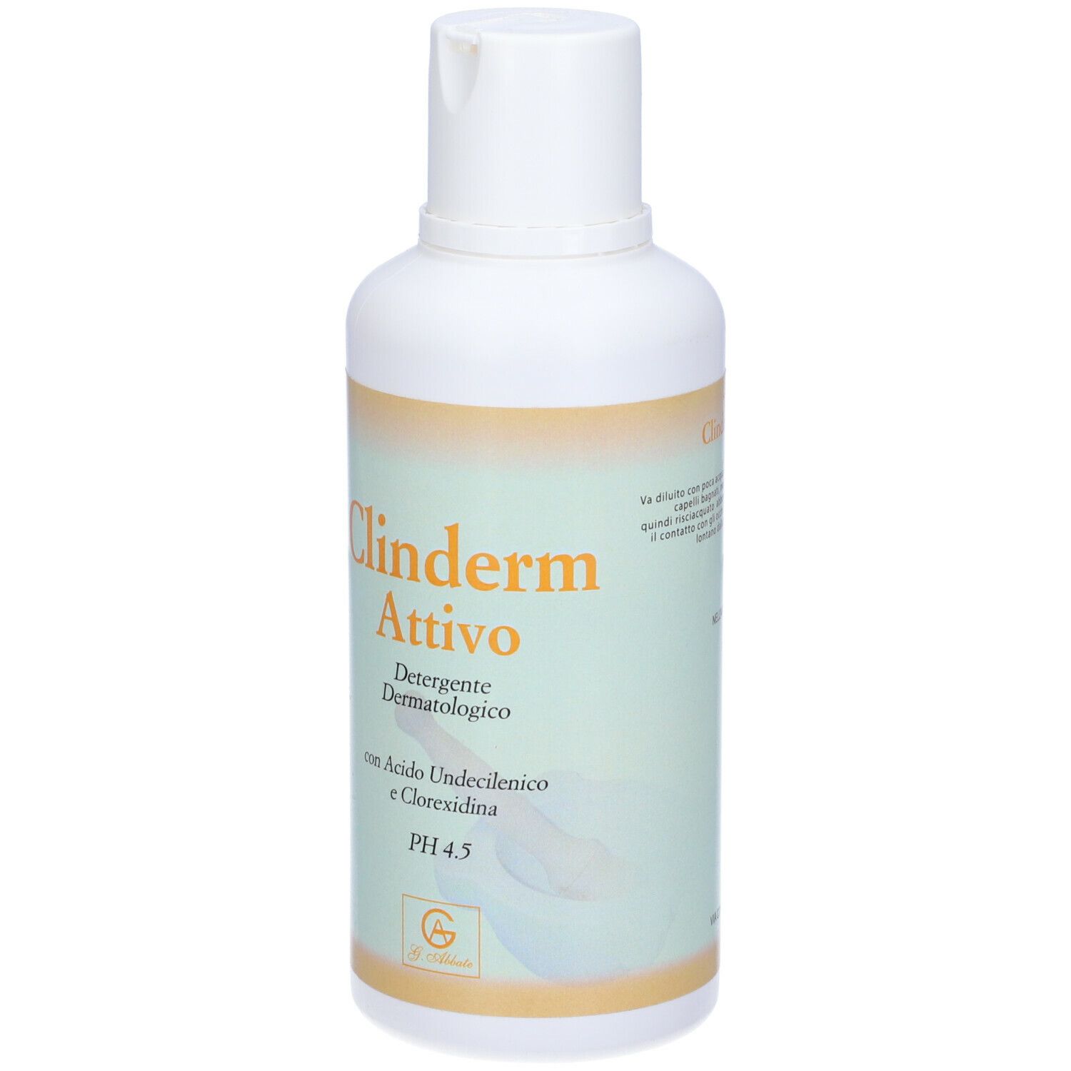 Flacone bianco con tappo a ribalta. Scritta: Clinderm Attivo, Detergente Dermatologico. Con ingredienti e pH 4,5.