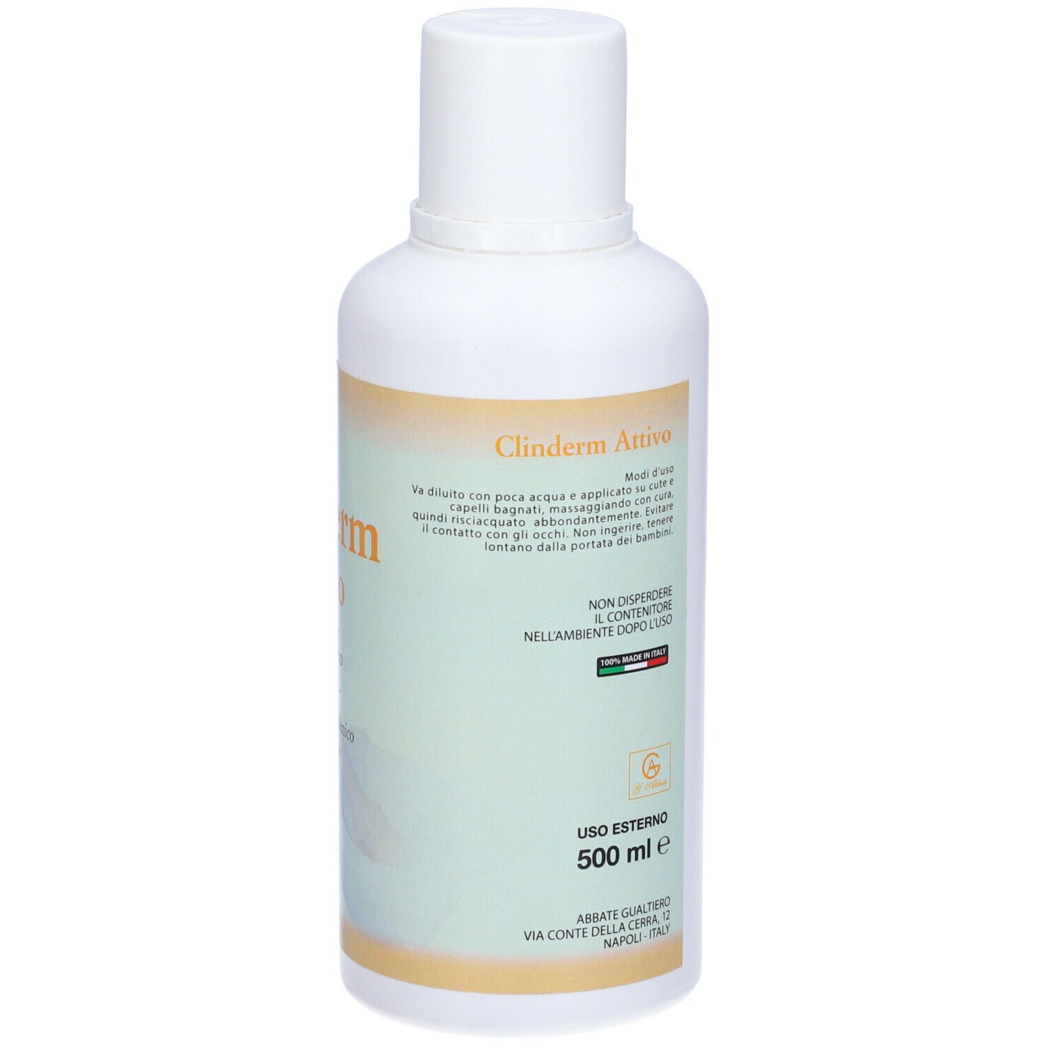 Flacone bianco con tappo a ribalta. Scritta: Clinderm Attivo. Istruzioni per l'uso. Volume: 500 ml. Solo per uso esterno.