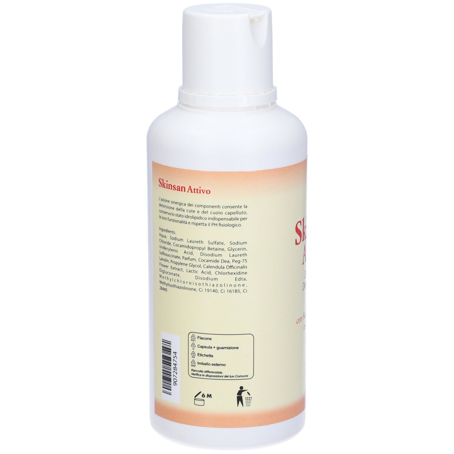 Retro di un flacone bianco. Testo: Skinsan Attivo, ingredienti, istruzioni per l'uso, numero di lotto, durata, simbolo di riciclaggio.