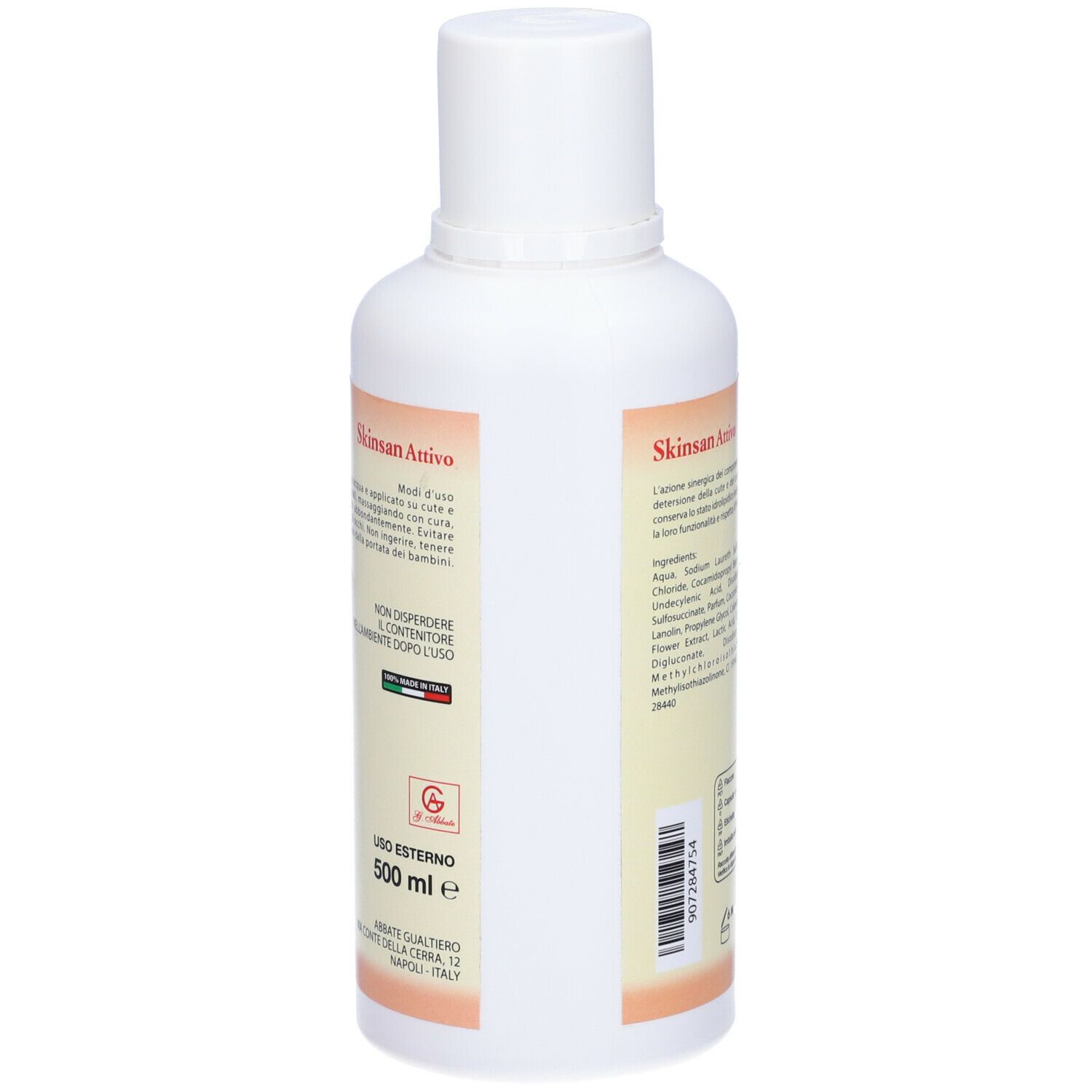 Flacone bianco con scritta rossa Skinsan Attivo. Testo: Uso Esterno, 500 ml e, origine Italia, simbolo di riciclaggio.