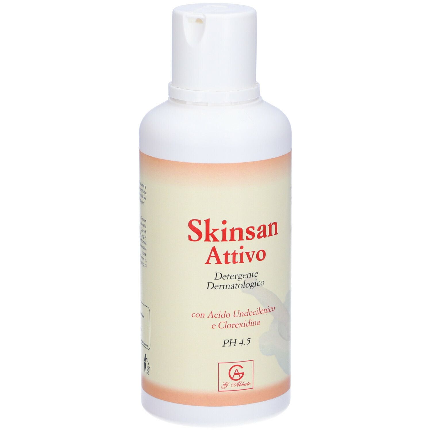 Flacone bianco con scritta rossa Skinsan Attivo. Testo: Detergente Dermatologico, con Acido Undecilenico e Clorexidina, PH 4.5.