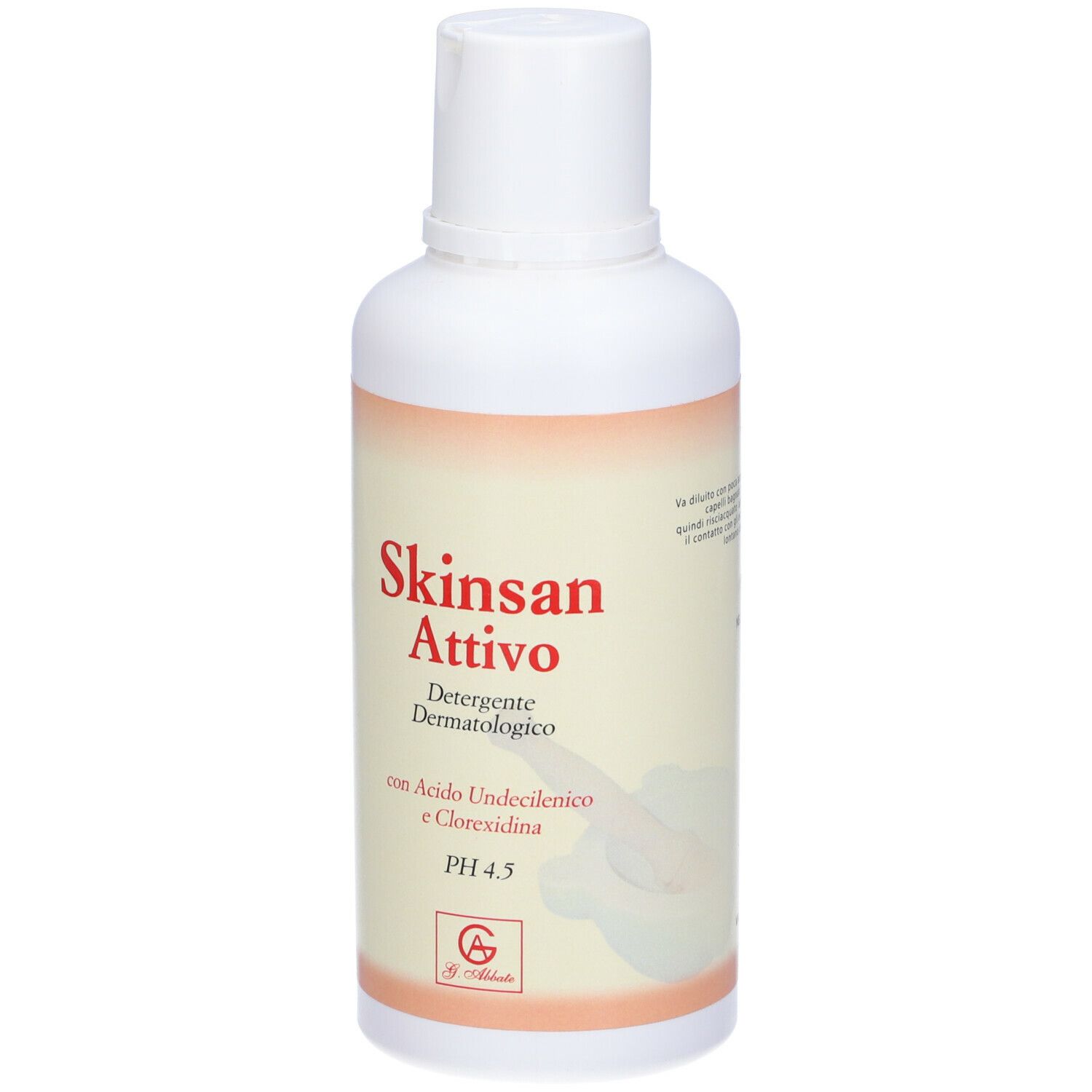 Flacone bianco con scritta rossa Skinsan Attivo. Testo: Detergente Dermatologico, con Acido Undecilenico e Clorexidina, PH 4.5.
