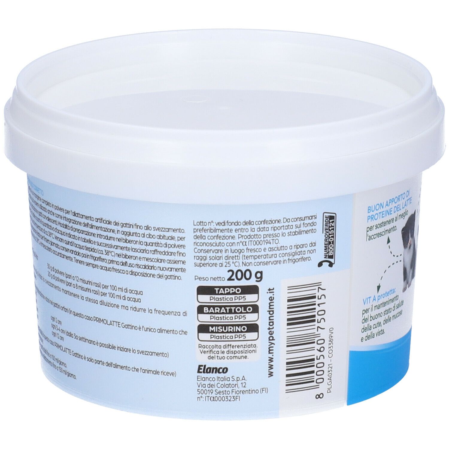 Weißer Eimer, Rückseite. Text in italienischer Sprache. Informationen über Inhaltsstoffe und Hersteller. Gewicht: 200 g.