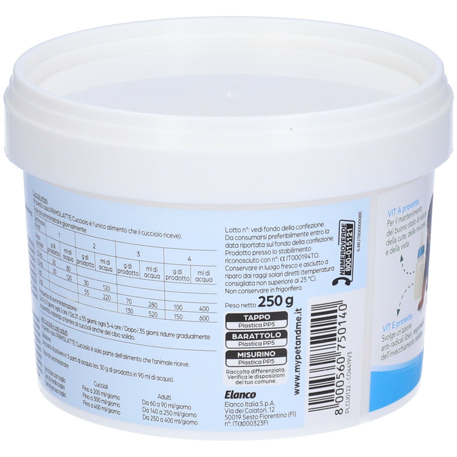 Secchio bianco con stampa del prodotto. Stampa: testo, codice a barre, testo. Testo: 250g, TAPP, PLASTICA, MISURINO, www.mypetandme.com.