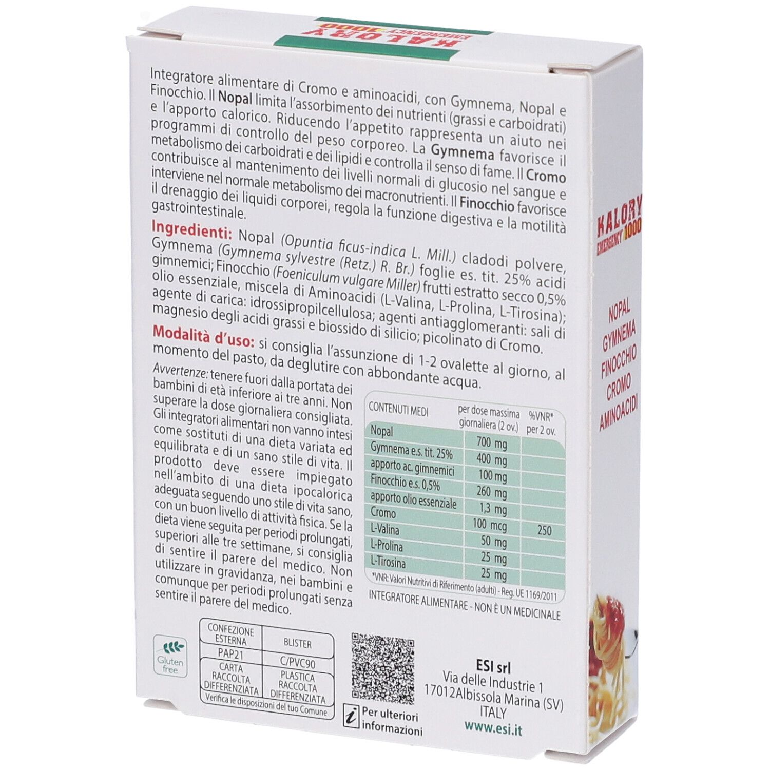 Rückseite der Produktverpackung. Text: KALORY EMERGENCY 1000. Zutatenliste, Anwendungshinweise und Nährwertangaben.