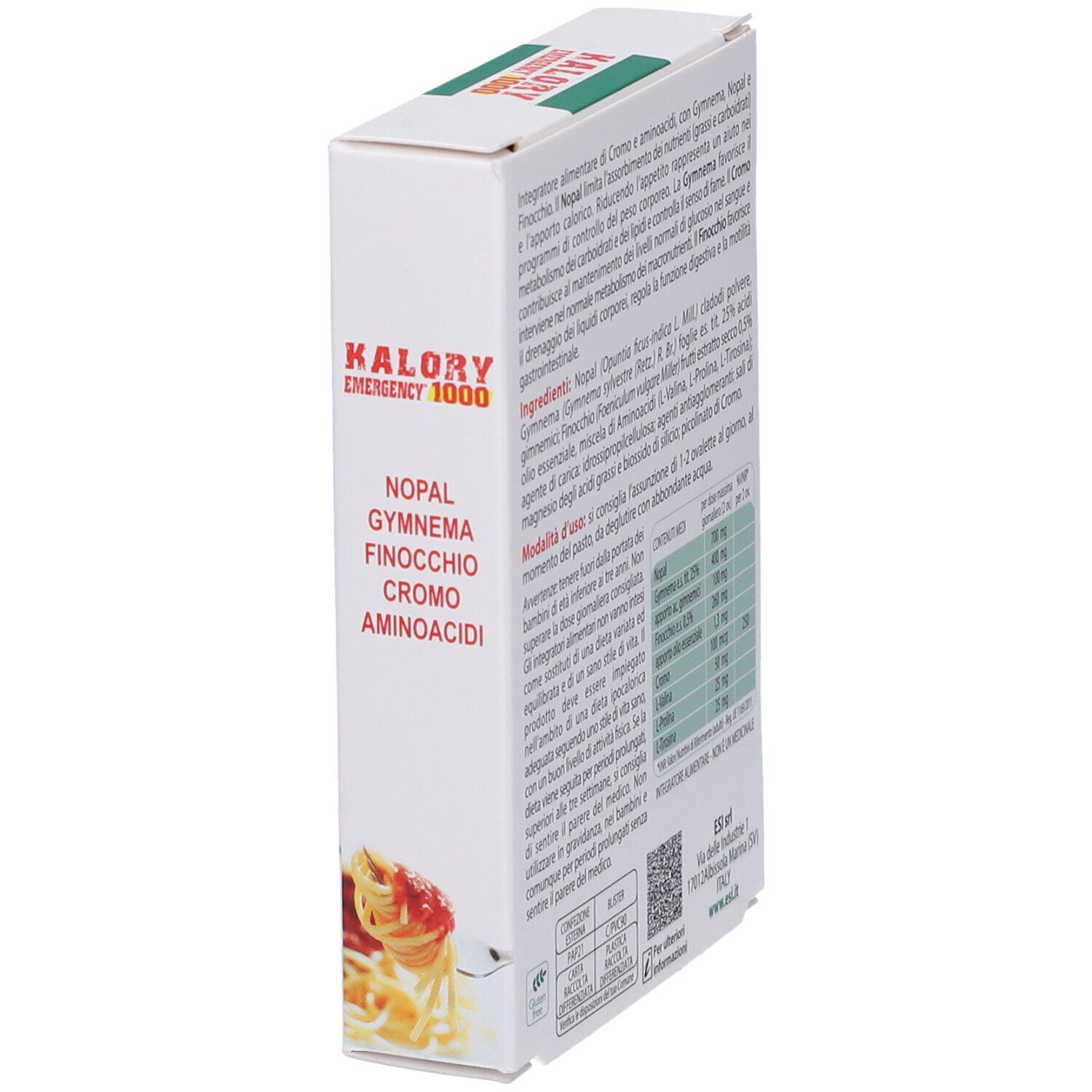 Karton mit Produktaufdruck: KALORY EMERGENCY 1000. Seitenansicht. Logo ESI. Zutatenliste und Nährwertangaben.