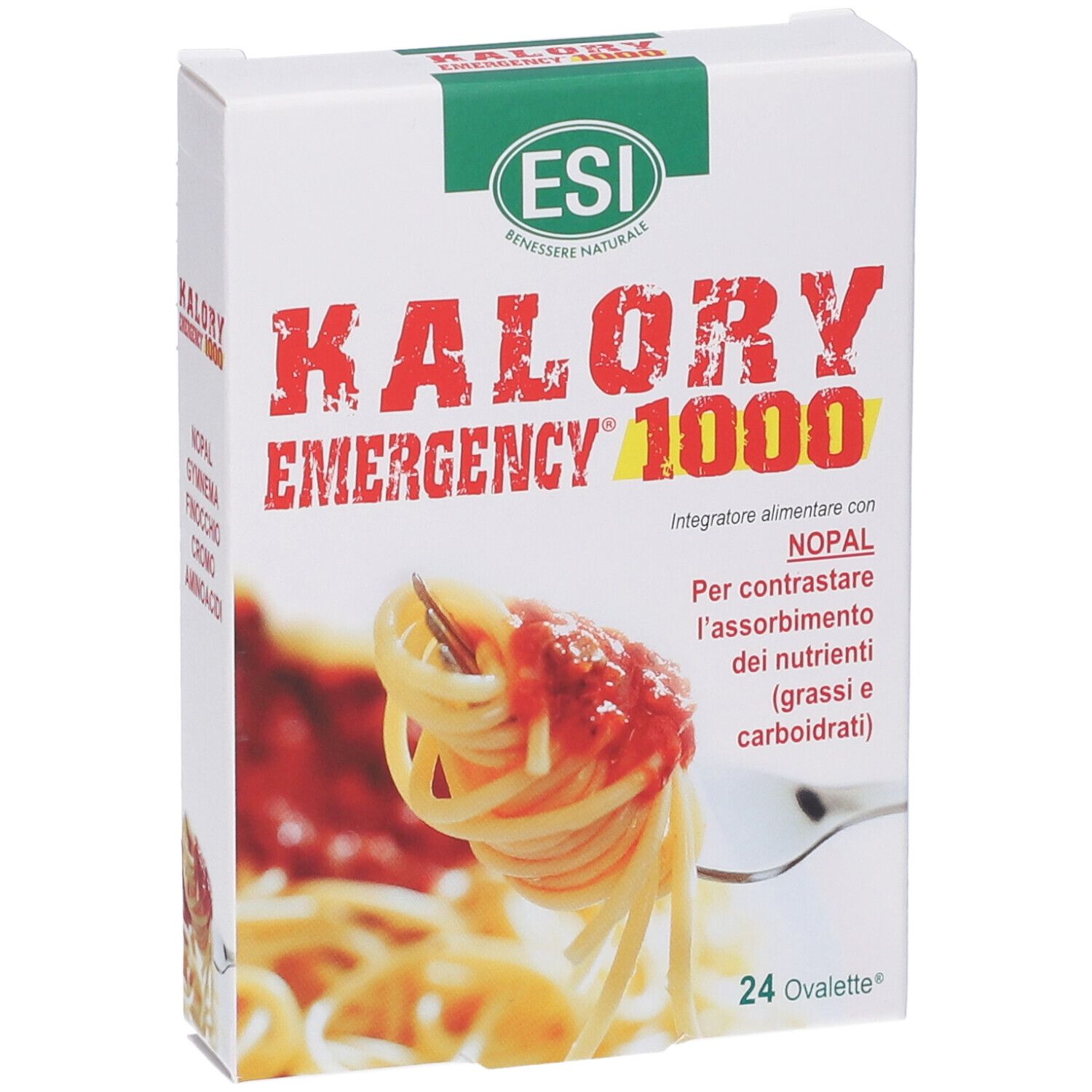 Karton mit Produktaufdruck: KALORY EMERGENCY 1000. Abbildung von Spaghetti mit Tomatensauce. 24 Ovalette.