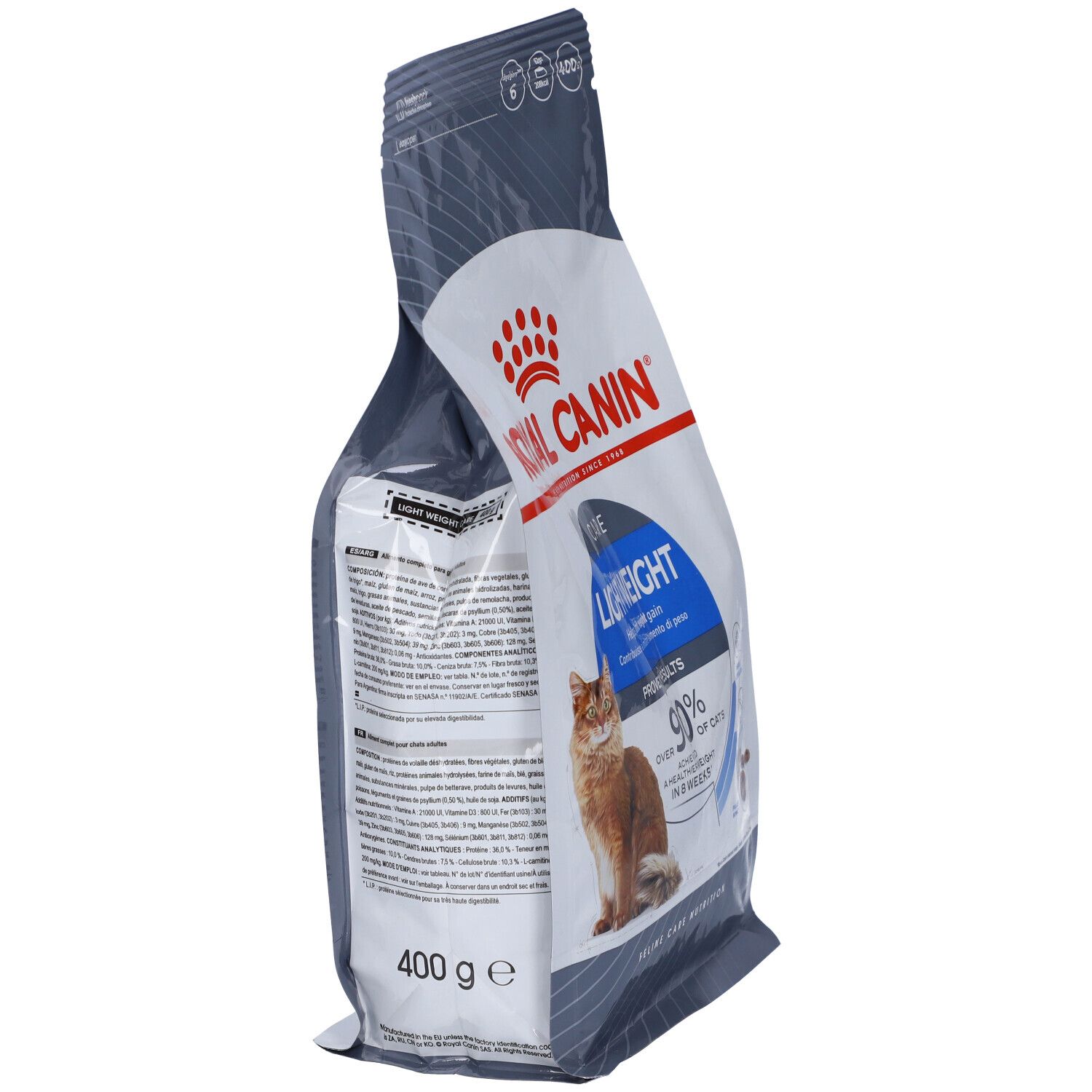 Katzenfutter-Beutel, Royal Canin. Care Light Weight. Seitenansicht. 400g. Text und Abbildungen.