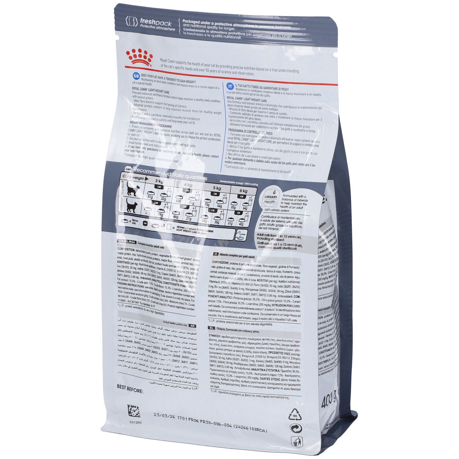 Rückseite des Katzenfutter-Beutels. Text und Diagramme. Marke Royal Canin. Care Light Weight.