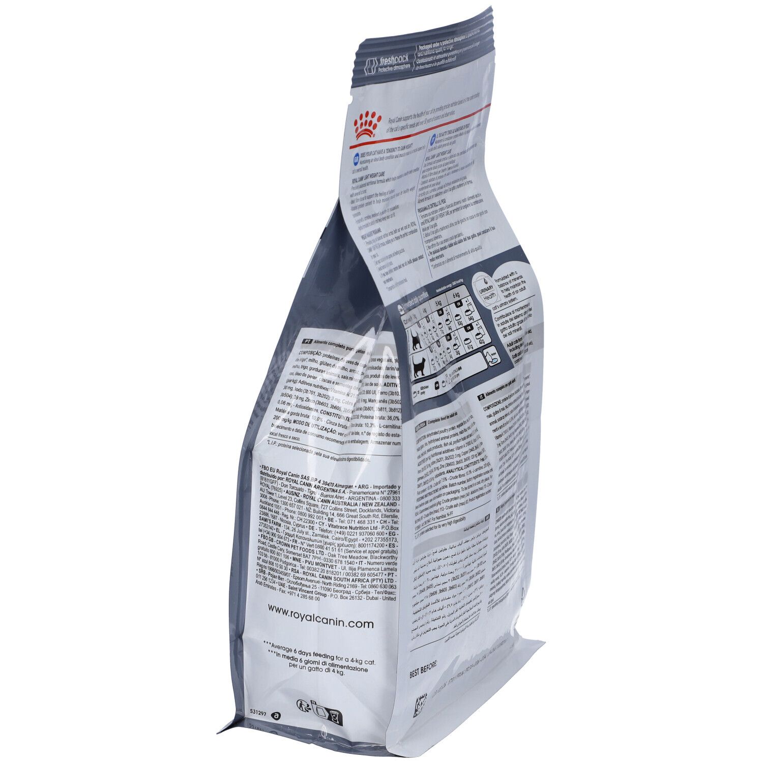 Seitenansicht des Katzenfutter-Beutels. Text und Diagramme. Marke Royal Canin. Care Light Weight.