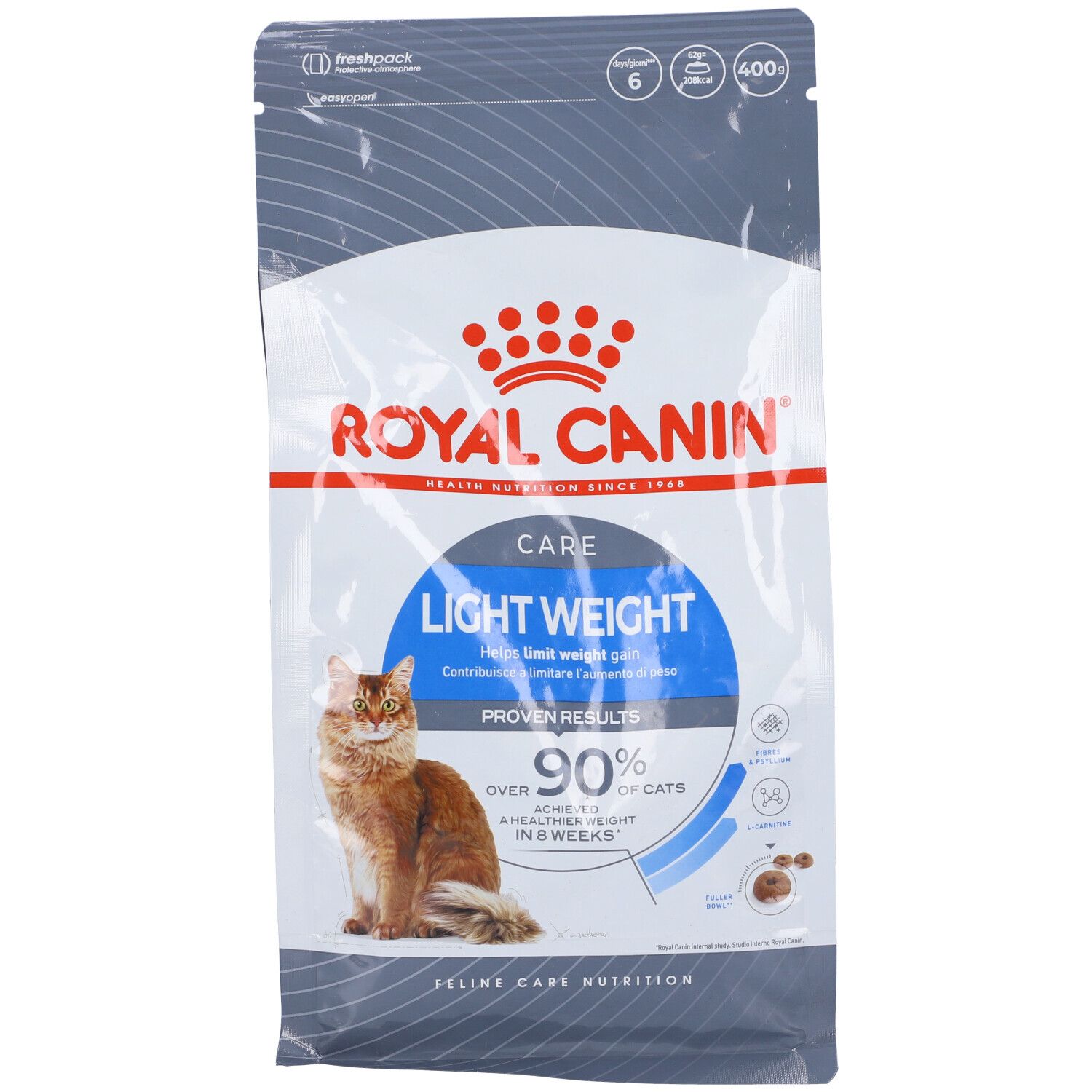 Katzenfutter-Beutel, Royal Canin. Care Light Weight. Abbildung einer Katze. 400g.