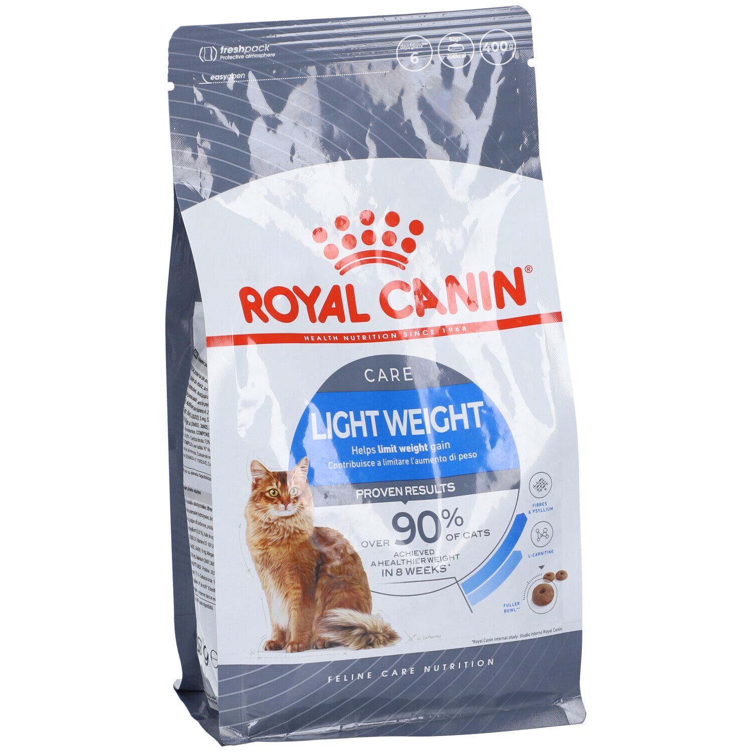 Katzenfutter-Beutel, Royal Canin. Care Light Weight. Abbildung einer Katze. 400g.